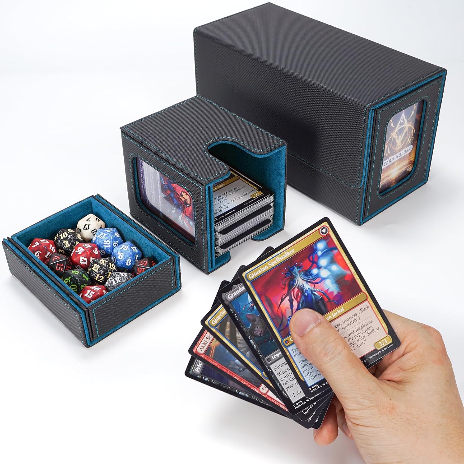 AFIING MTG Commander Card Storage Box - Fits 200 Double Sleeved Cards,3-in-1Card Deck Case,Strong Magnet Card Organizer For Magic Commander TCG CCG,4Dividers &2 Toploaders, Black/Cyan