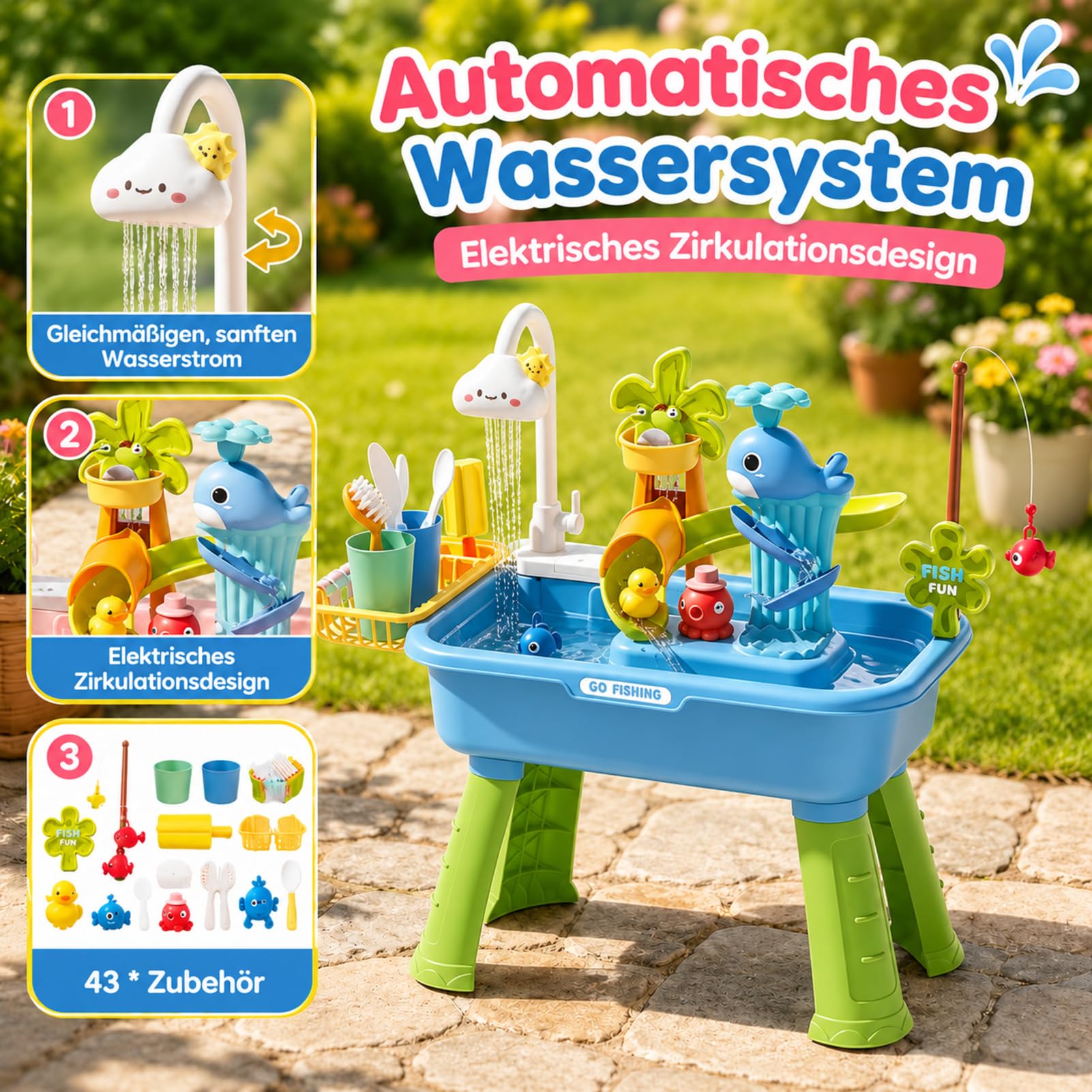 Generisch Wasserspieltisch Outdoor - Mit Pumpe Und Wasserpumpe | Spielbecken Mit Fließendem Wasser | 54x29x53cm | Für Kinder & Mädchen 4-8 Jahre | Garten, Terrasse, Camping