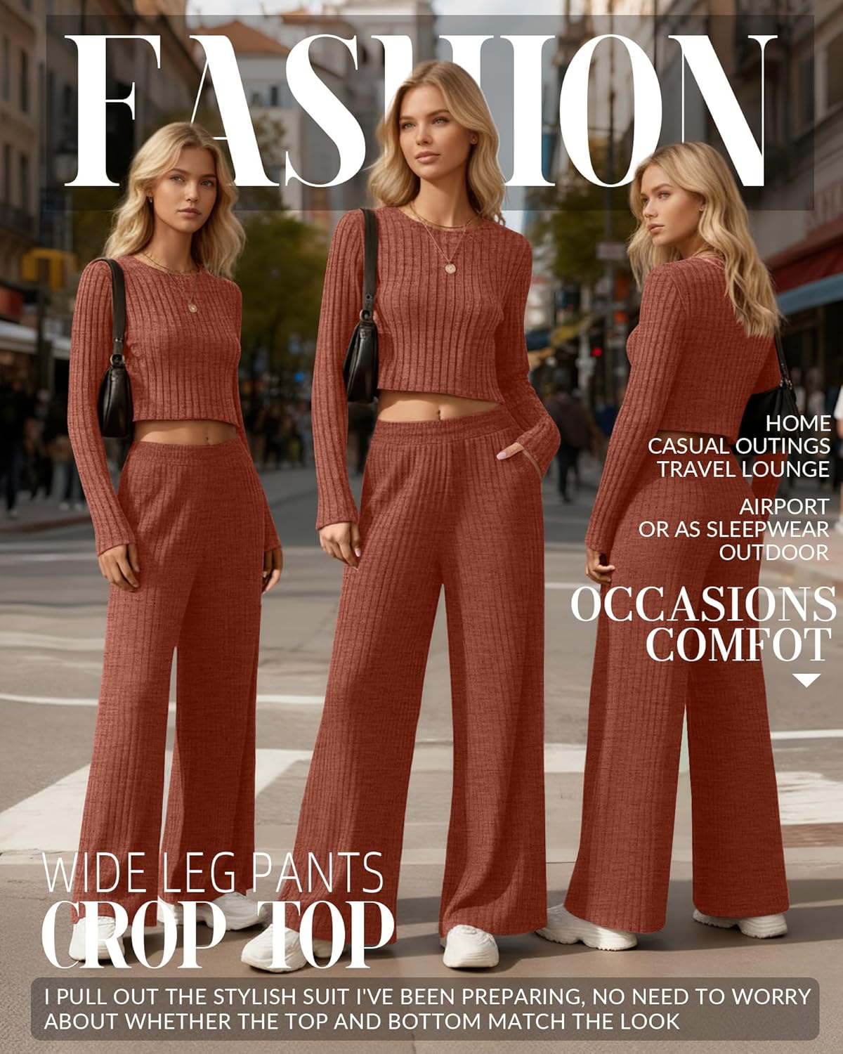 Women's 2 Piece Lounge Sets 2026 Ribbed Long Sleeve Crop Top Wide Leg Pants Travel Outfits Casual Matching Set - Image 2