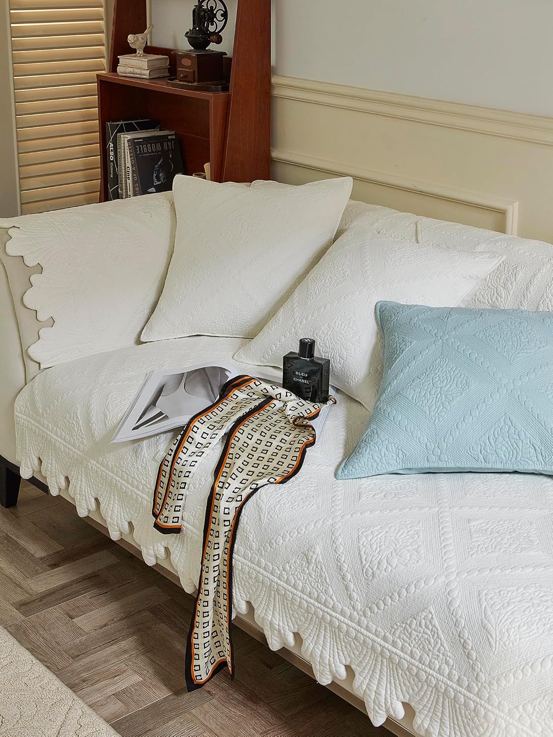 Luxury Vintage Cotton Embroidery Sofa Cover 3D Diamond Boho Seat Cushion Cover Quilted Sectional Couch Cover Anti-Slip Sofa Slipcovers Furniture Protector for Pet Kids (White,28"x70")