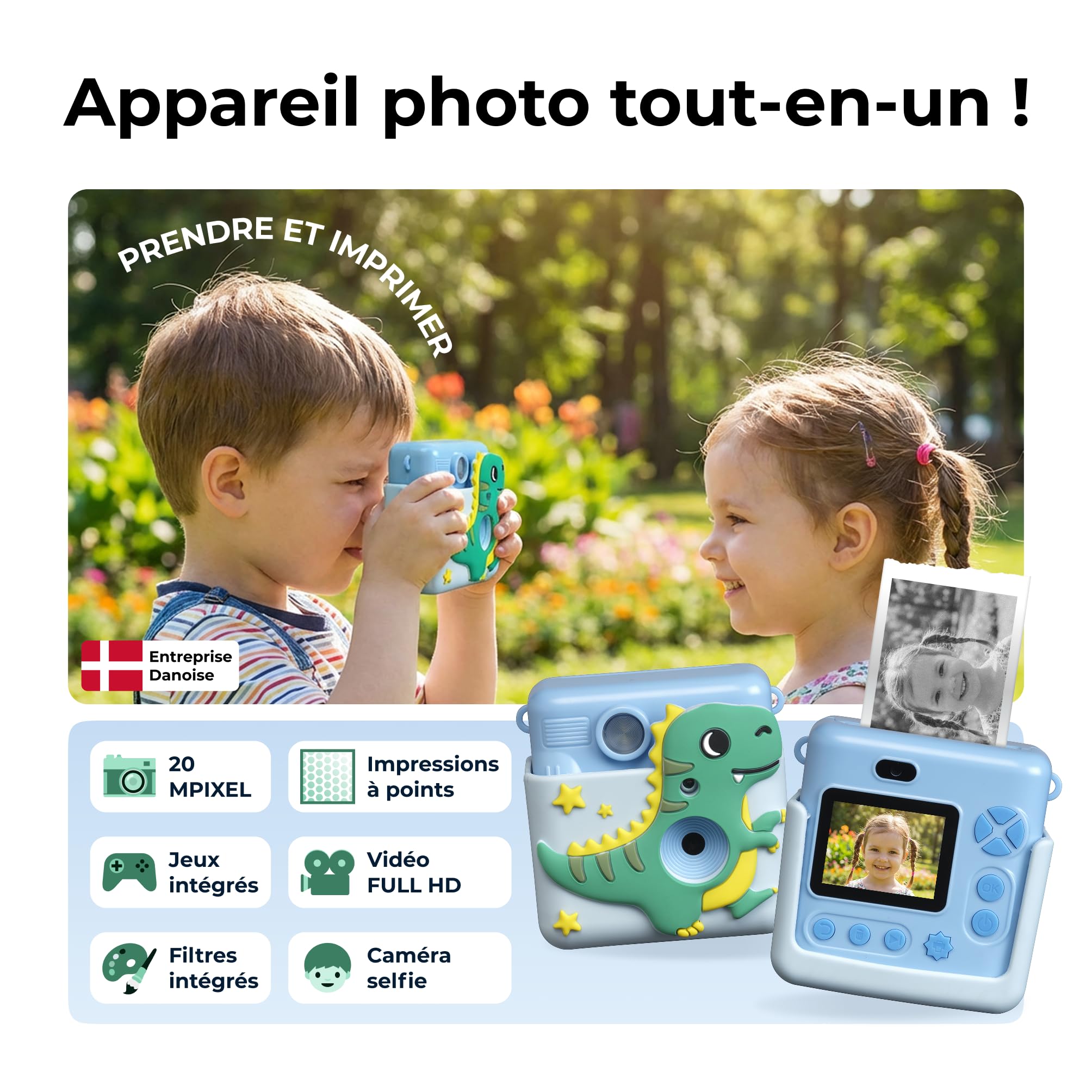 Denver KPC-1363BU Appareil Photo imprimante Enfant, Impression Thermique, écran 2,8 Pouces, Jeux, Cadres et filtres, Bleu