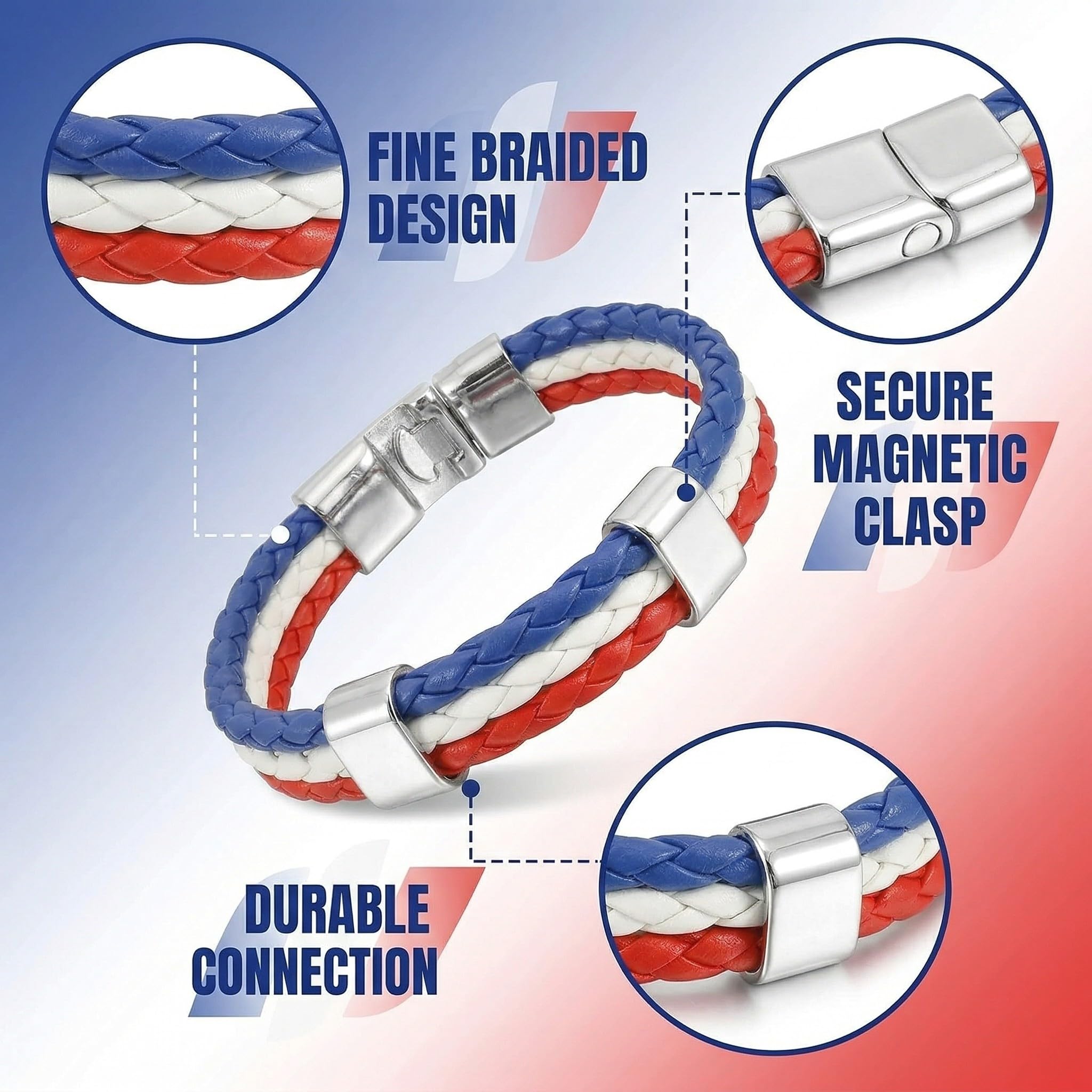 Lot de 2 Bracelet France Drapeau Français en Cuir Synthétique Bleu Blanc Rouge 22cm