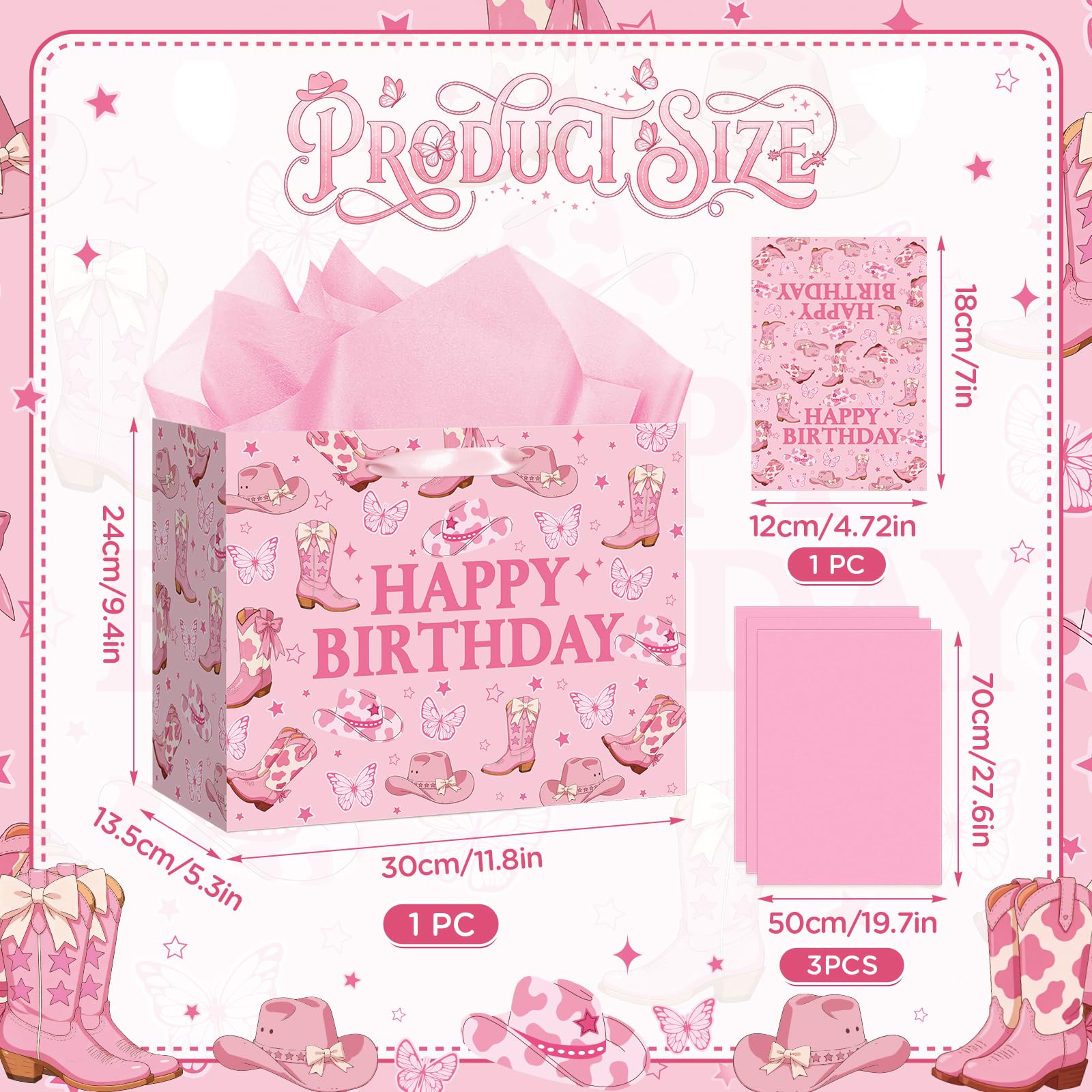TagreSpike Cowgirl Birthday Gift Bag, Western Bow Happy Birthday Wrapping Bag with Tissue Paper and Card Coquette Bow Boots Treat Bags for Girls Rodeo Birthday Party Supplies - Pink Cow Print Boots