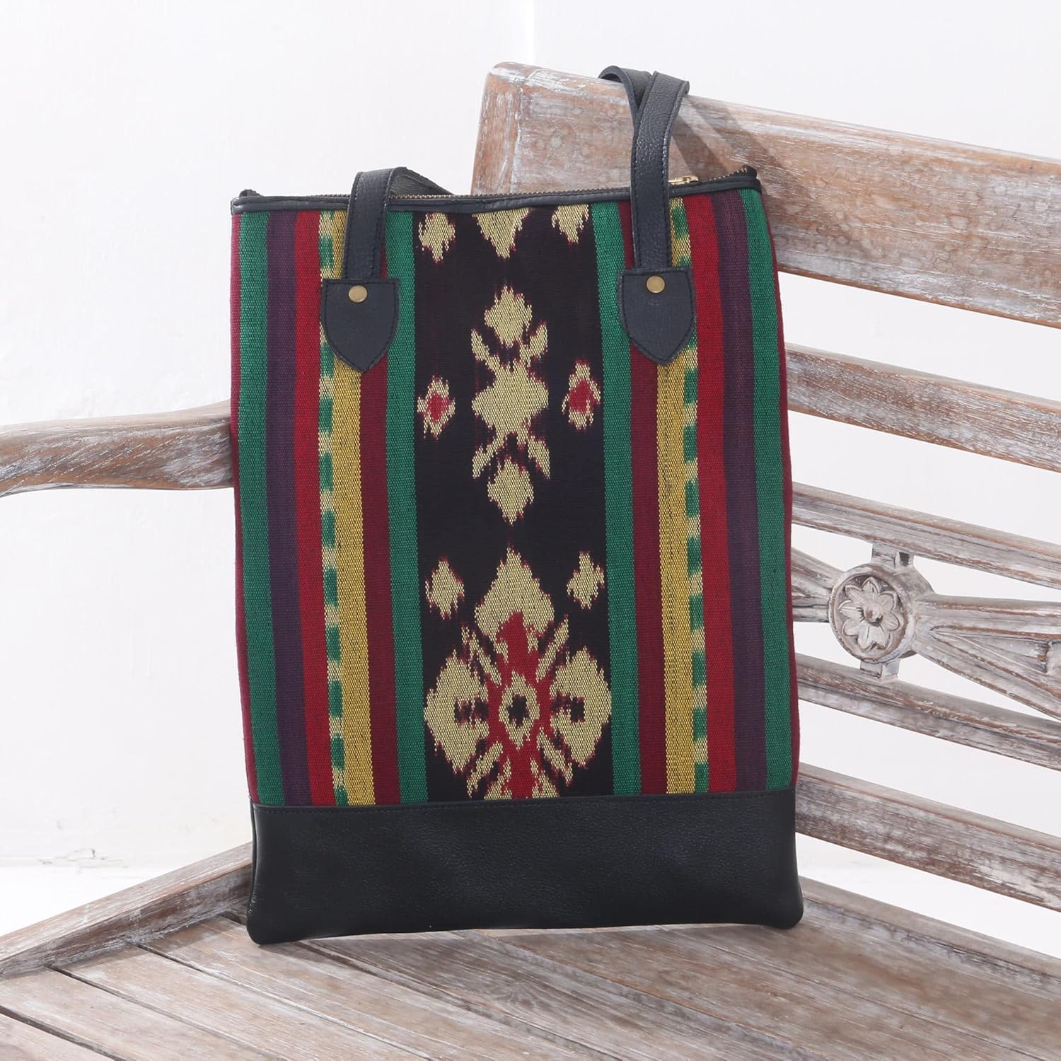NOVICA Artisan Handcrafted Leather Accent Cotton Shoulder Bag Ikat Jepara Handbags Multicolor Black Ikatpatterned Indonesia Woven ' Joyous Jepara'