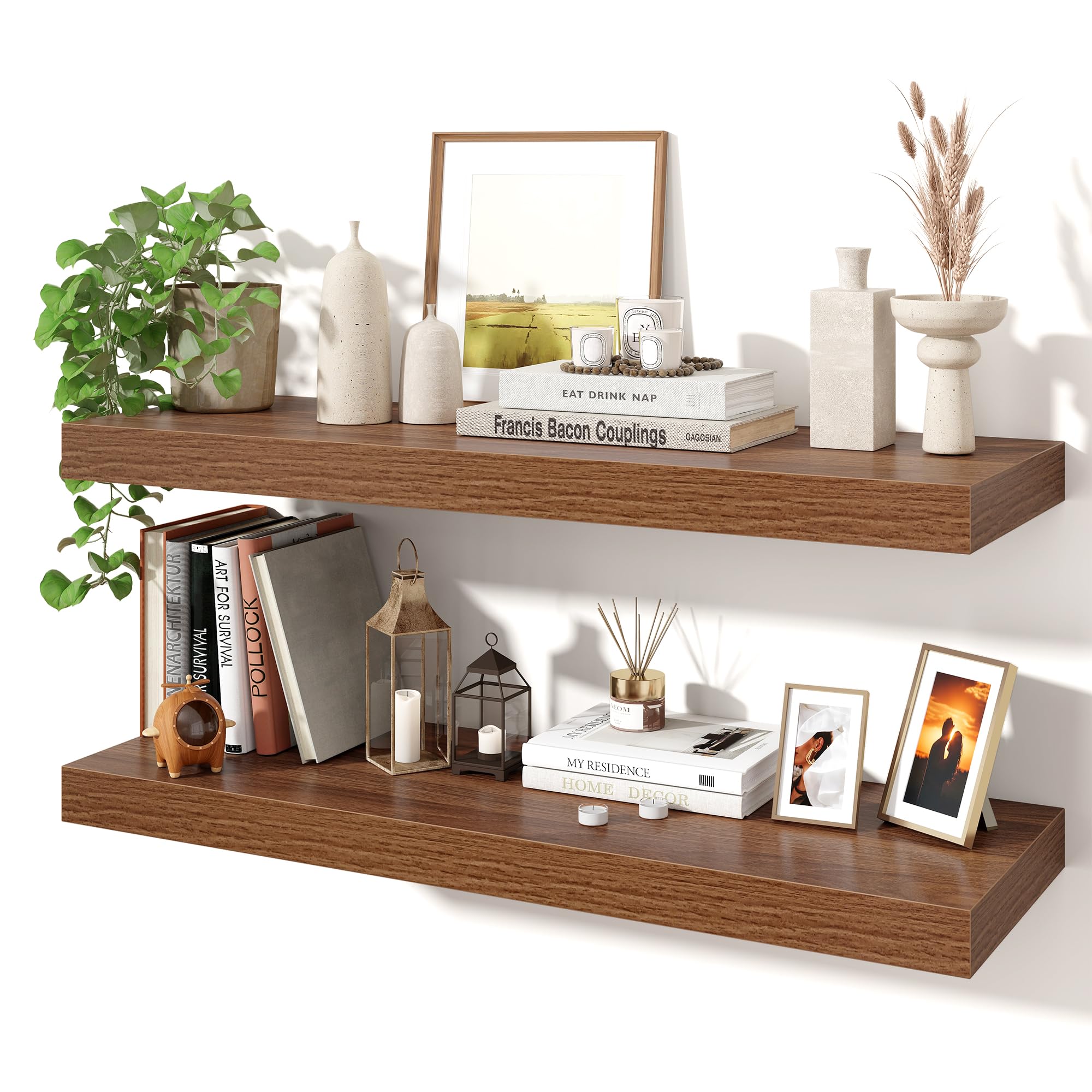 Axeman Floating Shelves for Wall, Rustic Wood Wall Mounted Shelves for Bathroom, Bedroom, Kitchen, Hanging Bookshelves for Home Wall Decor Living Room, 32 inch Set of 2, Walnut — image 1