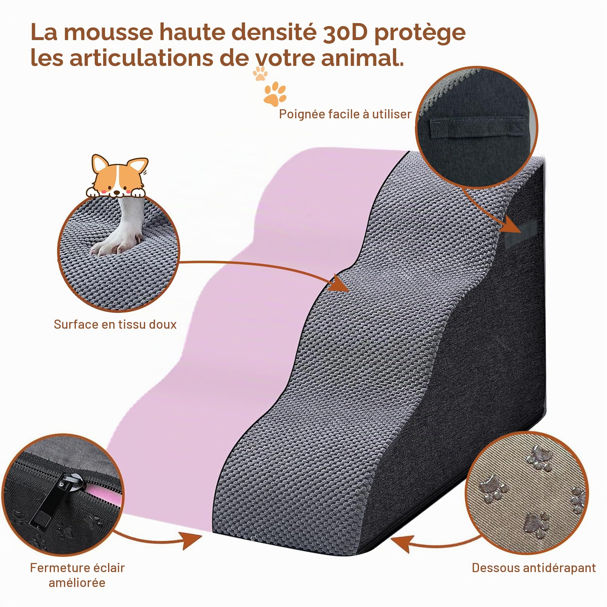 Marchepied pour Chien de 40 cm de Haut pour canapé, 40Wx60Lx40H | Marchepied en mousse pour lit ou fauteuil, escalier antidérapant pour animaux avec housse lavable