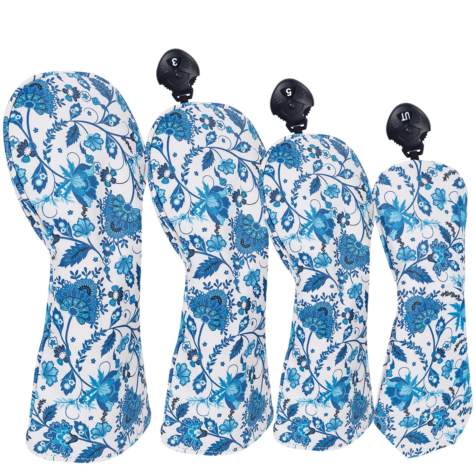 Andux Blue and White Porcelain Pattern PU Golf Club Head Covers 460cc Driver Fairway Woods Hybrids Putter Covers