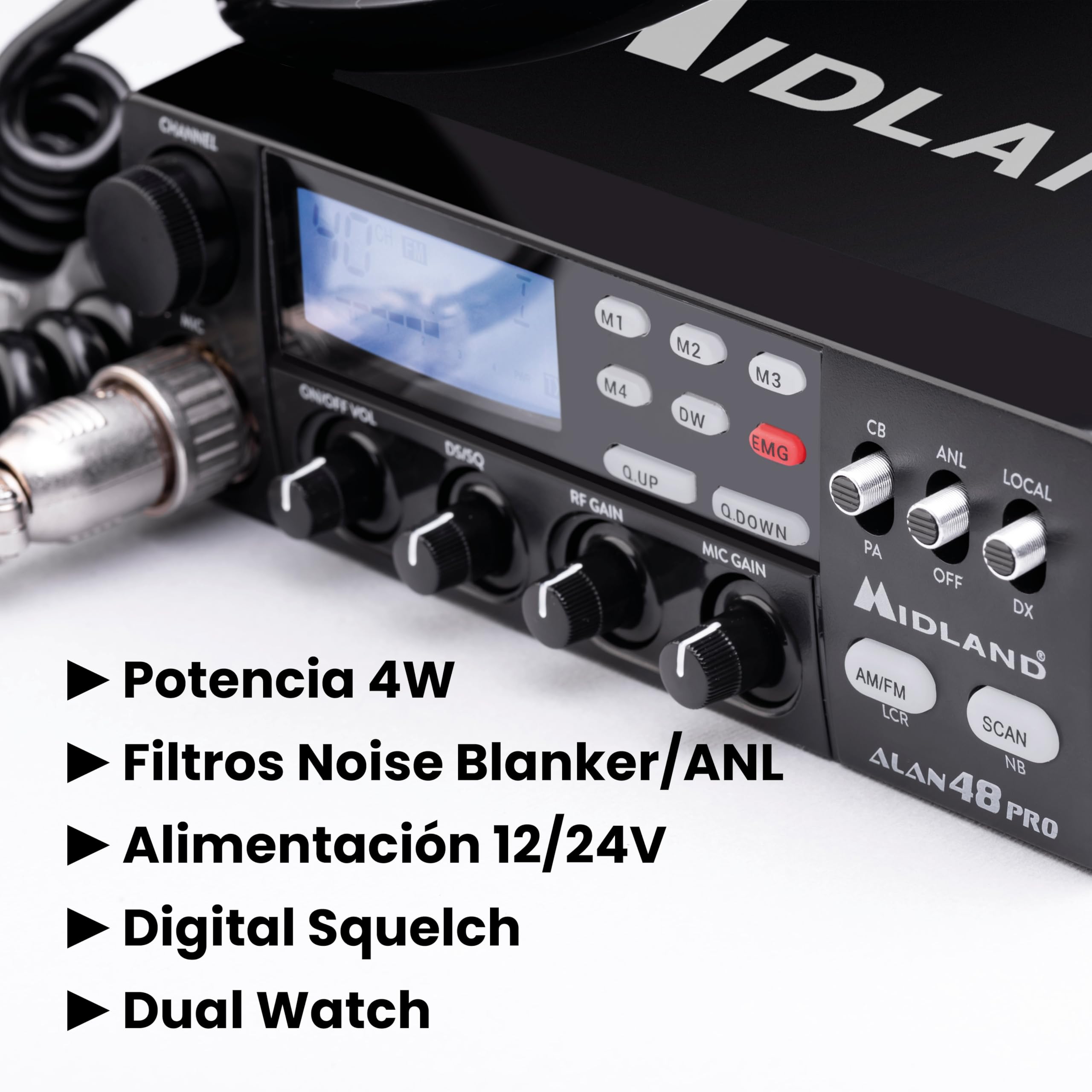 Midland - Emisora CB ALAN 48 PRO, Radioaficionado Multibanda para Vehículo sin Licencia, Potencia Ajustable 1W/4W, Pantalla LCD, SCAN, Dual Watch, RF Gain, Filtros ANL y Noise Blanker, Micrófono 6 Pin