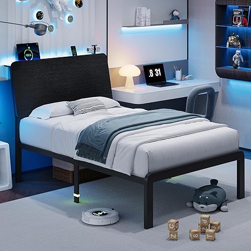 Miniatura 10 de iPormis Marco de cama de metal de tamaño completo con luces LED y estación de carga, cama plataforma con cabecera de almacenamiento ergonómica,