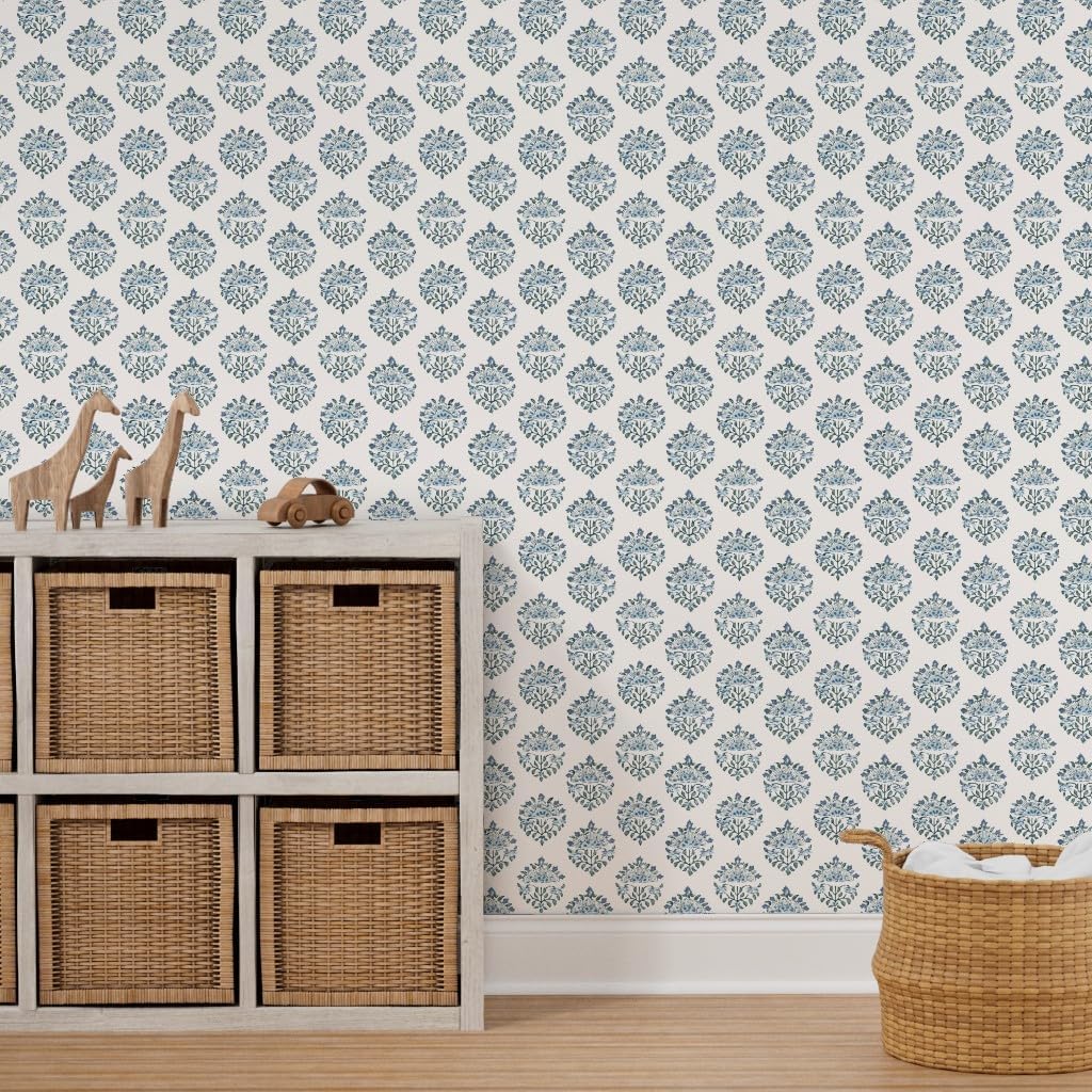 Removable Wallpaper 9ft x 2ft - Grandmillennial,Block Print,Cornflower,Medallion,Blue,Navy,Classic,Traditional,Blue and Custom Pre-Pasted Wallpaper by Spoonflower