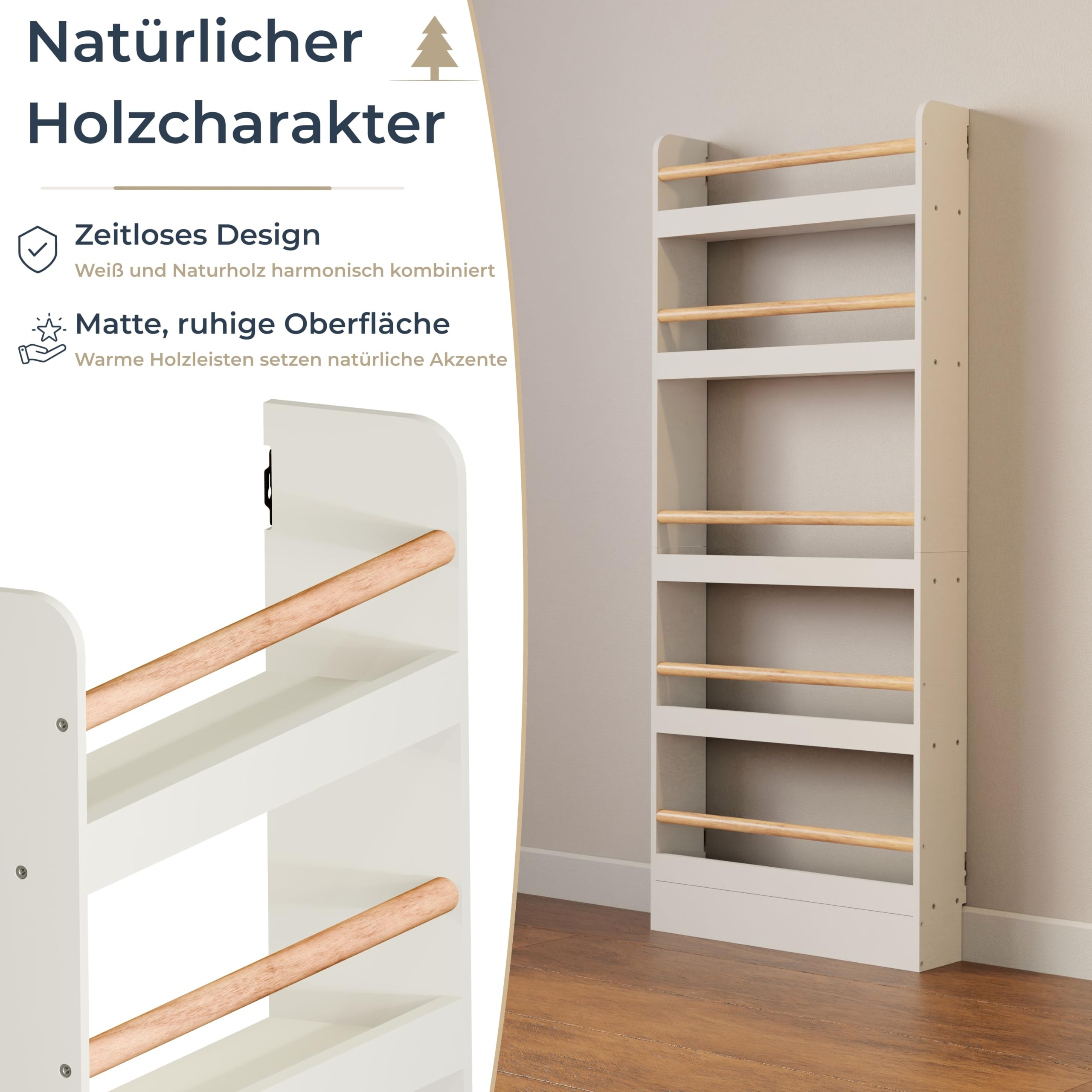 Bücherregal Kinder mit 5 Ablagen, Montessori Kinderbücherregal zur Wandmontage, Wandregal für Bücher, Toniebox & Spielzeug, Weiß/Natur, 60×15×150 cm