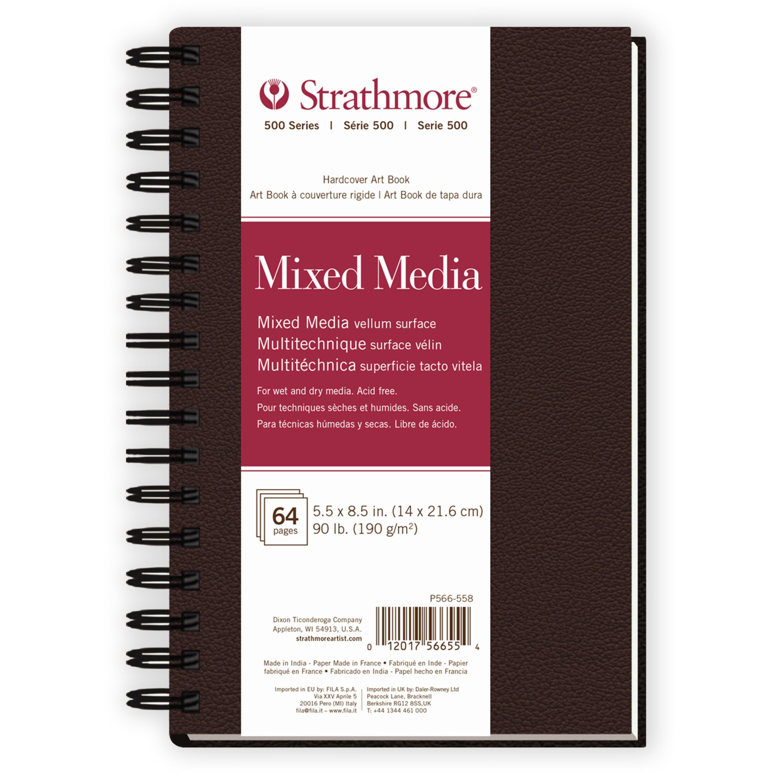 Strathmore 500 Series Mixed Media Paper Art Book, Matte Brown Cover, Natural White, Side Wire Binding, 32 Sheets, 5.5x8.5 inch