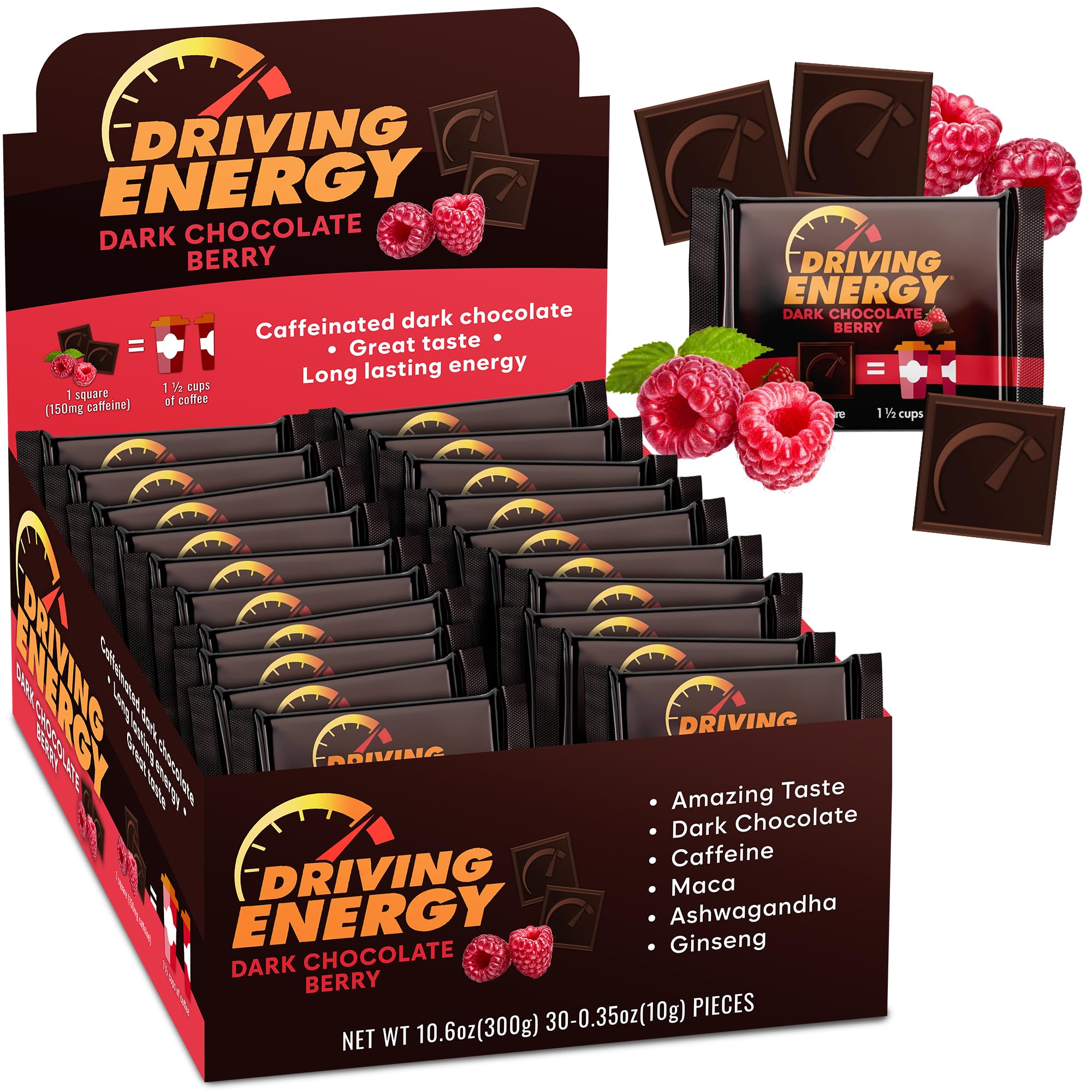 Driving Energy - Caffeinated Energy Bite Size - Dark Chocolate Berry Fuel with 150mg Caffeine - Long-Lasting for Gym, Workout, Adults - Great Taste -