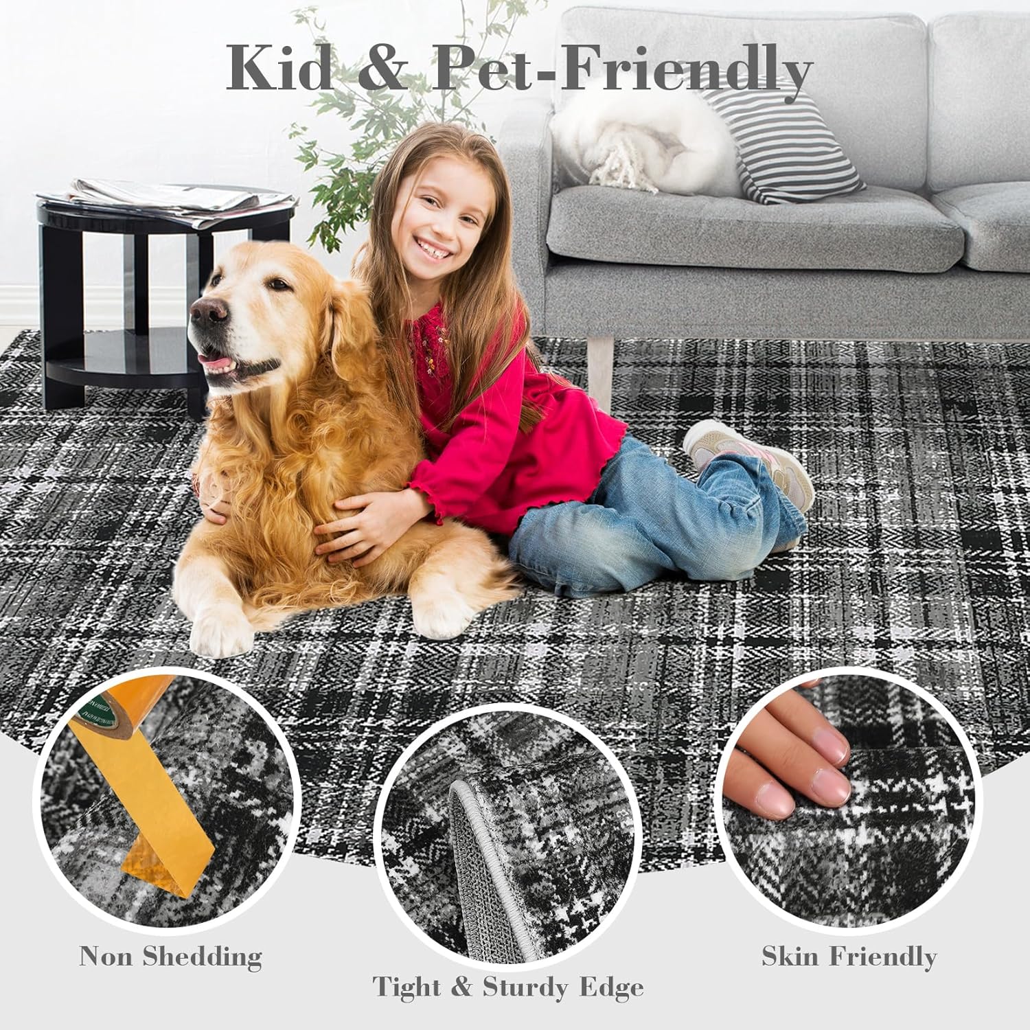 GarveeHome Washable Rugs 5x7 Rug for Living Room Plaid Modern Non Slip Large Rug for Bedroom Decor Soft Low Pile Non Shedding Stain Resistant Carpet for Office Nursery Dining Room 5'x7' Black/Grey