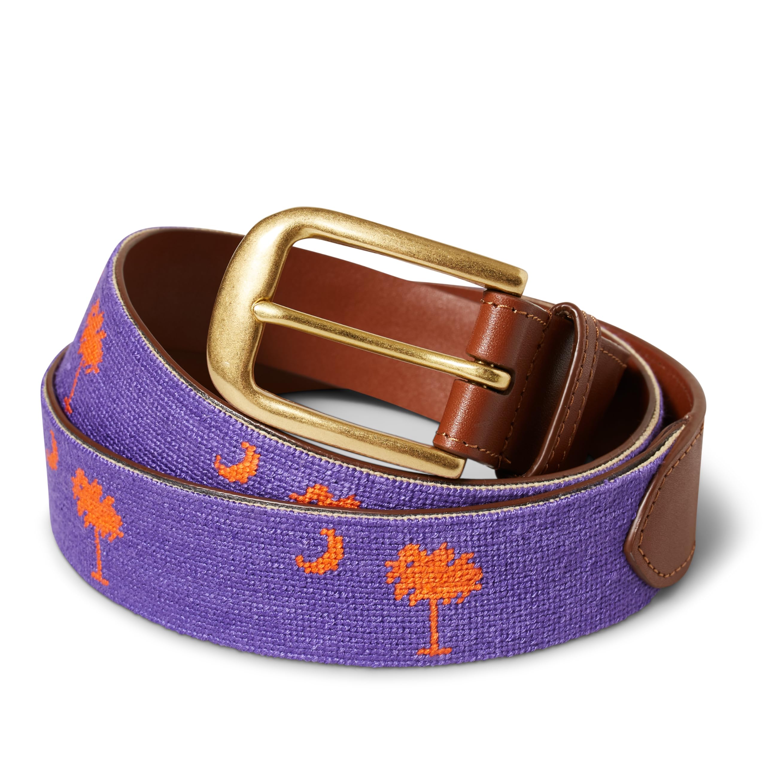 Palmetto Tree Needlepoint Golf Belt, Purple Clemson backdrop with Orange Palmetto Tree, Handmade by Palmetto Golf & Belts Size 40