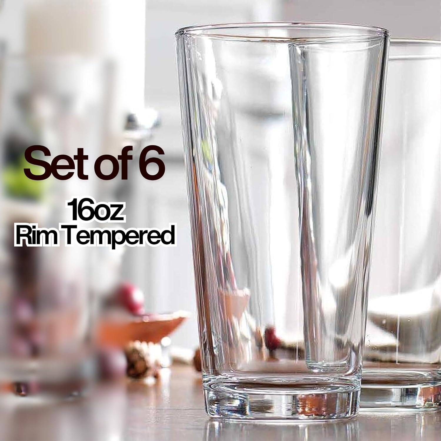 PR1M3 Set of 6 Drinking Glasses,16oz Heavy Base, Margarita Glass Cups Pint Glasses to Cocktail Clear Tall Beer Glasses, Water Glasses, Bar Glass, Juice, Iced Tea - Dishwasher Safe.