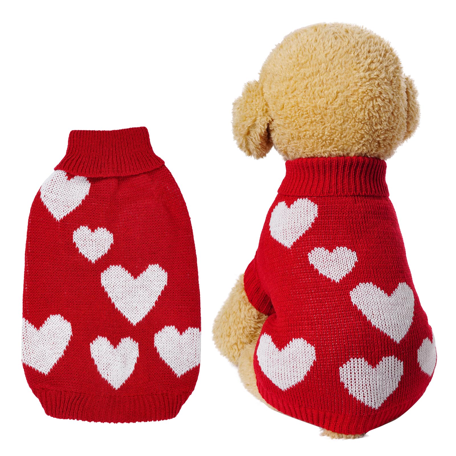 Topbuti Knitted Dog Sweater Heart Puppy Sweater Winter Warm Pullover Turtleneck Knitwear Pet Holiday Clothes for Small Dogs and Cats (Red, Medium)