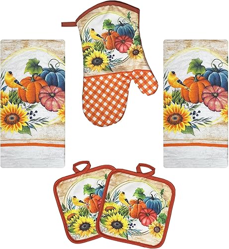 Lobyn Value Packs Apple Orchards - Juego de toallas de cocina de 5 piezas, 2 toallas, 2 soportes para ollas, 1 guante de horno