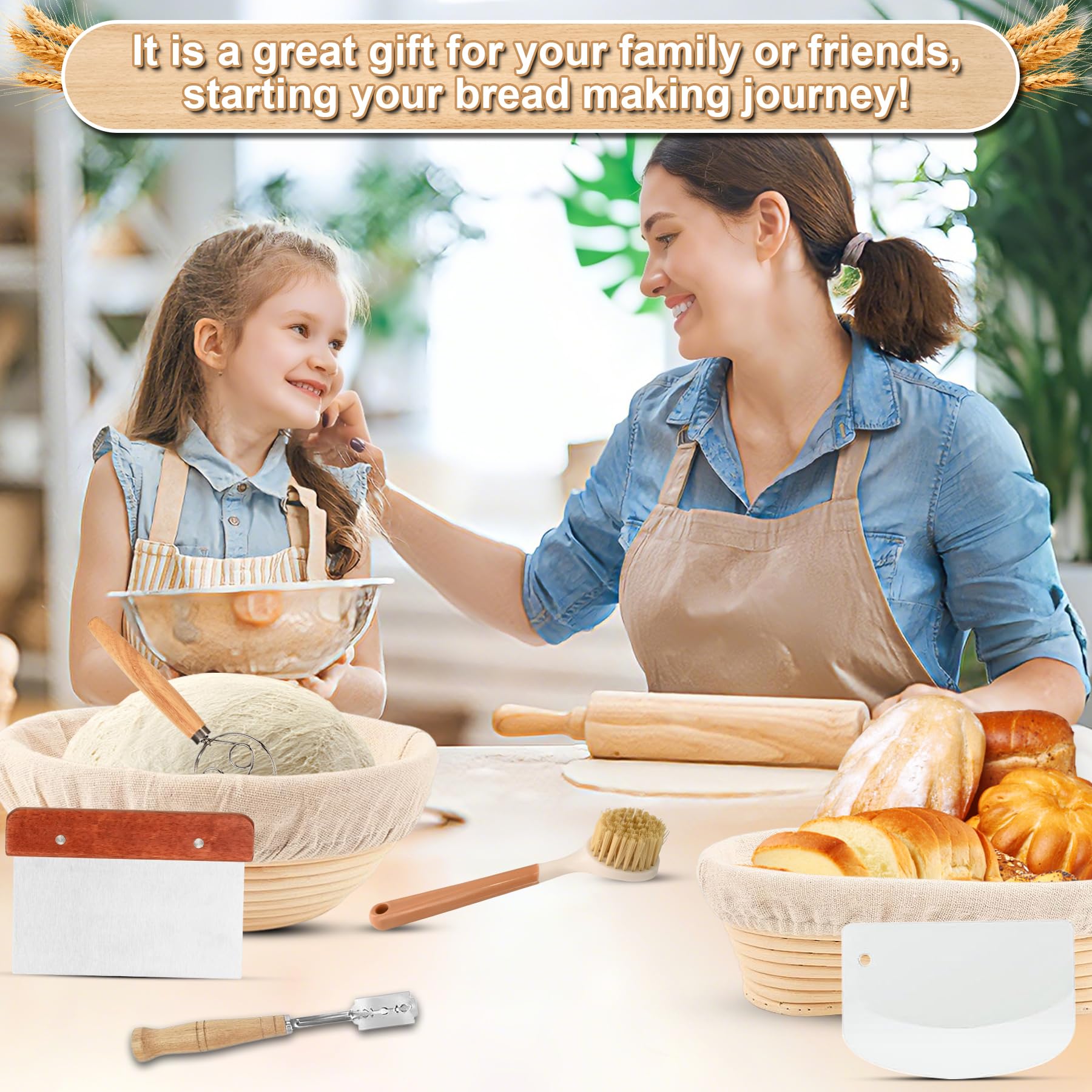 Cestino per Lievitazione del Pane Set,23 cm, Rotondi e 25 cm, Ovali, 100% Rattan Naturale, con Raschietto per Impasto, Inserto in Lino, Frusta per Pasta e Pane Zoppo, Accessorio