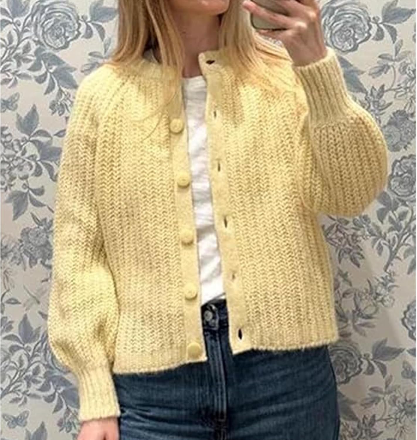 SeeLuNa Crochet Cardigan Sweaters for Women Tops Chunky Knitted Crew Neck Long Sleeve Button Down Jackets Open Front Coat
