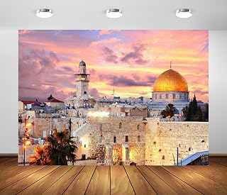 BELECO 7x5ft Fabric Jerusalem Old City at Sunset Backdrop Israel Cityscape, Western Wall, Temple Mount, Dome of The Rock, Religious Building Bethlehem Background Backdrop Home Decor Photo Props