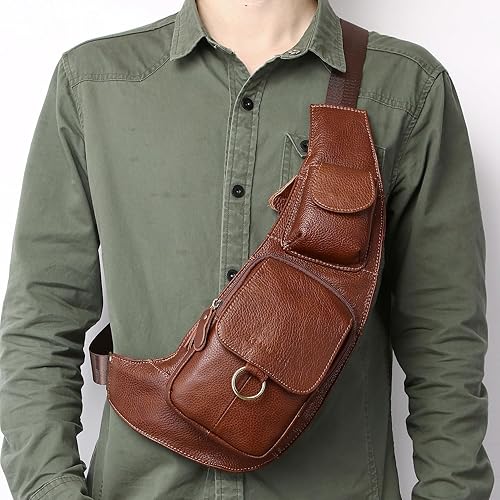 Miniatura 6 de KPYWZER Mochila de cuero vintage para hombre, mochila cruzada al hombro en el pecho