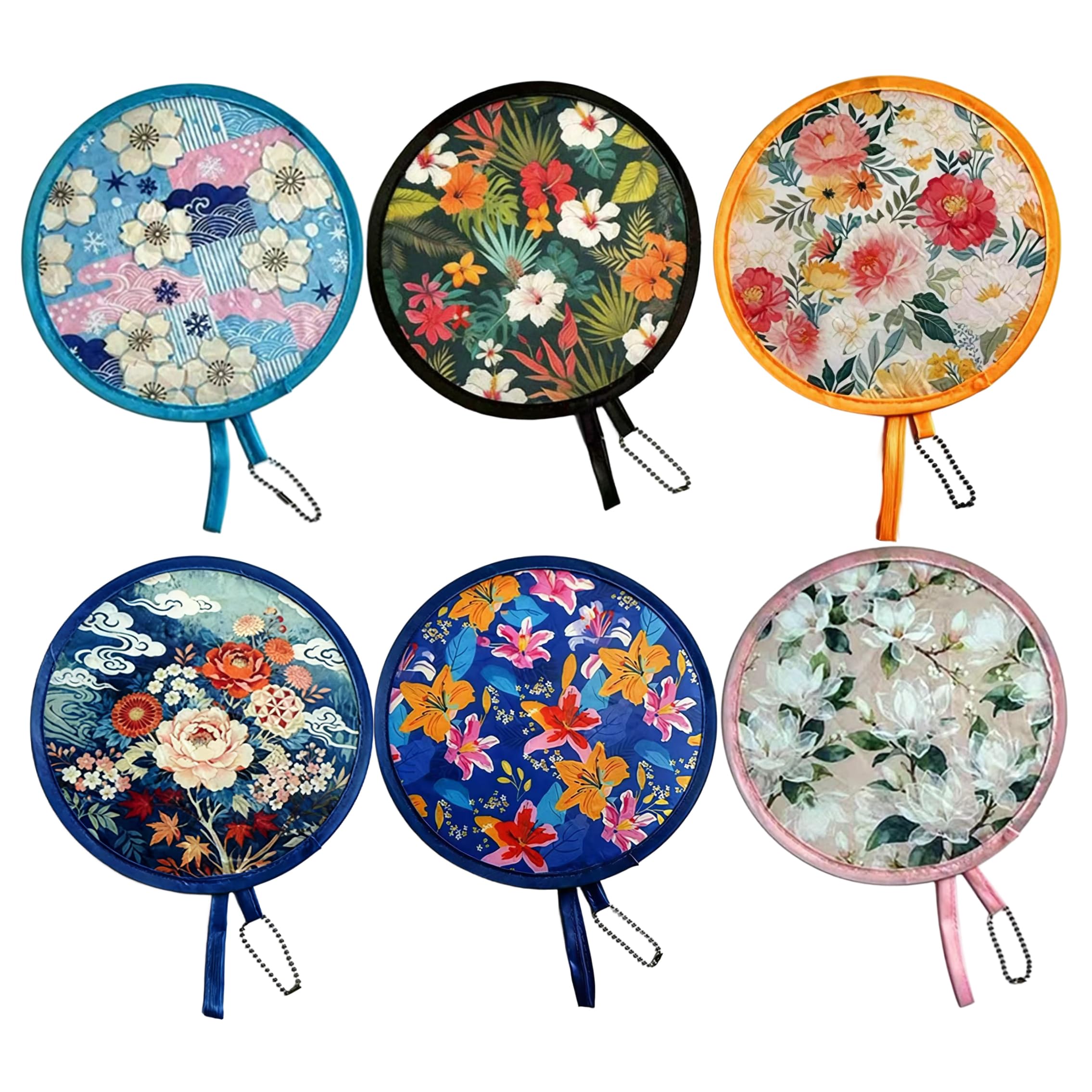 StaZamor 6PCS Portable Foldable Hand Fan with Floral Prints, Collapsible Polyester Fans for Daily Cooling, Wedding Party Favors, Summer Events
