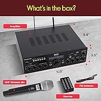 Vista 7 de Pyle Micrófono inalámbrico Bluetooth Amplificador de 200 W de potencia máxima receptor de audio estéreo de doble canal con USB, entrada AUX