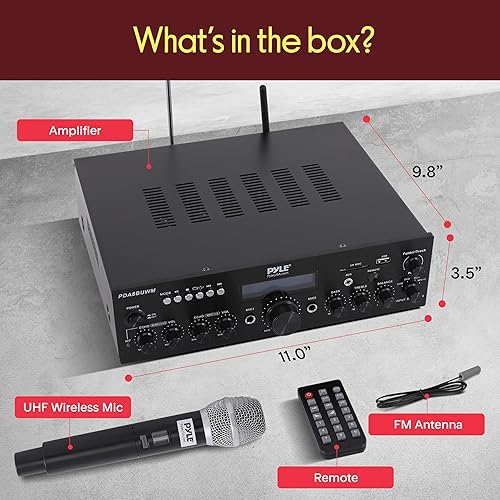 Miniatura 7 de Pyle Micrófono inalámbrico Bluetooth Amplificador de 200 W de potencia máxima receptor de audio estéreo de doble canal con USB, entrada AUX,
