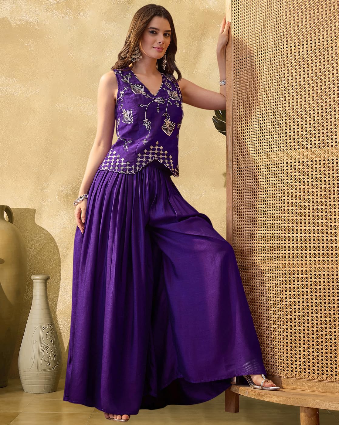 SheWill Purple Vichitra Zari Sequence Thread Embroidered Top With Palazzo Set for Women | Stylish Ethnic Co-Ord Outfit (SHEKP10359_VANI_B) 2