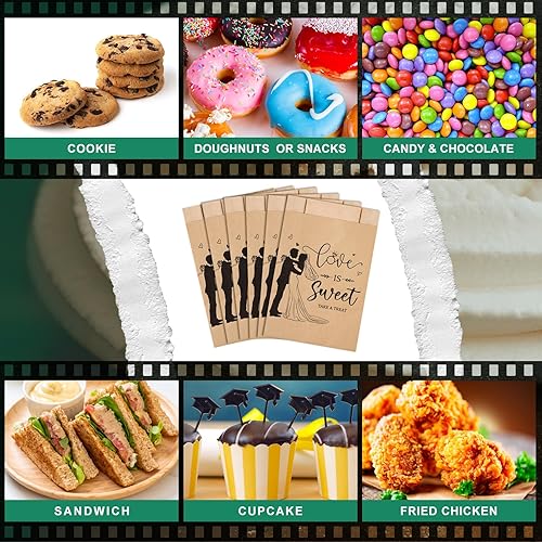 Miniatura 4 de 200 bolsas de regalo de boda a granel de papel kraft a prueba de aceite para fiestas, bolsas de galletas Love Is Sweet Take a Treat para bodas,