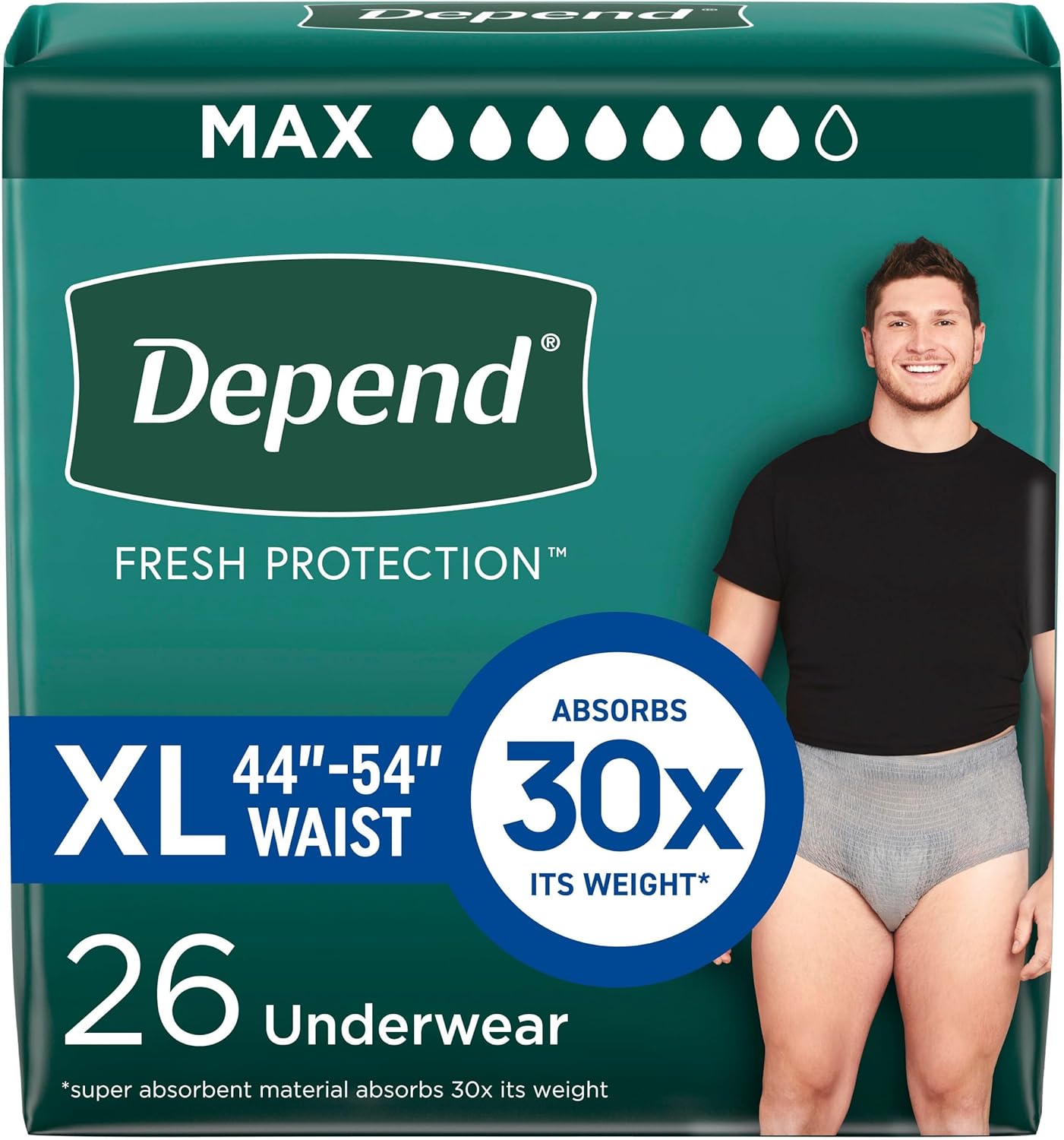 Depend Fresh Protection Adult Diapers, Incontinence Underwear for Men, Disposable, Maximum, Extra-Large, Grey, 26 Count, Packaging May Vary X-Large 26