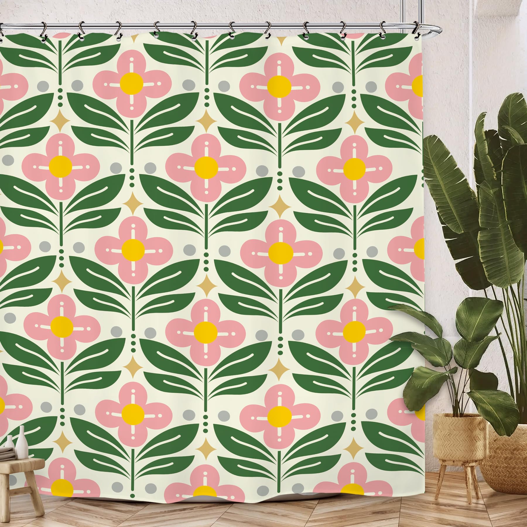 Kalmico Groovy Retro 70s Shower Curtain 60Wx72L Inch Cute Funky Trendy Hippie Pink Green Flower Y2K Bathroom Set Accessories Decor with 12 Pack Hooks — image 1