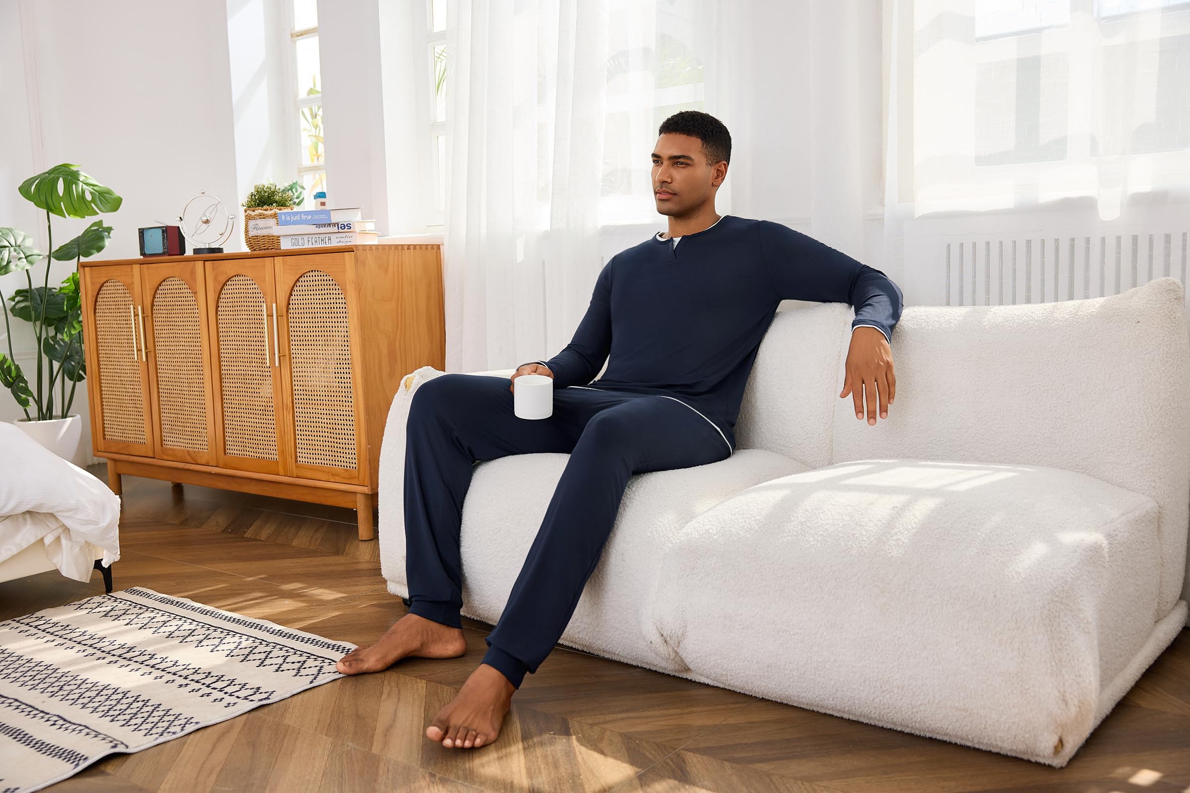 Pijama Hombre Invierno Algodón Manga Larga con Cuello Redondo Diseño de Escote con Efecto de Capas Conjunto de Dormir Cómodo para Casa