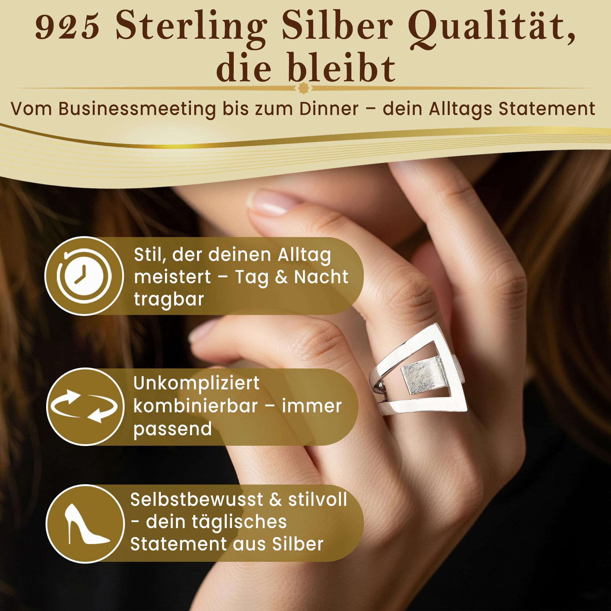 CASSINI Design Ring aus 925er Sterling Silber, gebürstet und poliert, massiv, breit, Damen Ring 3RAX