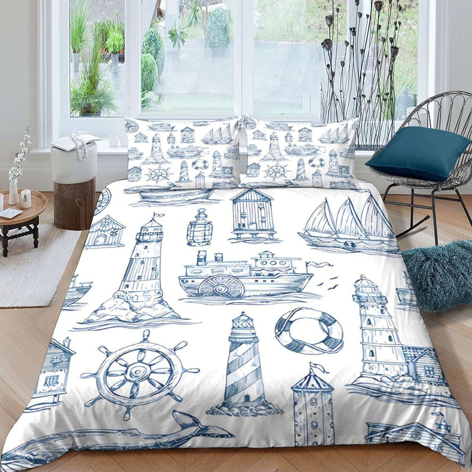 Ctjqhvkz Style-6 3D Printed Nautical Lighthouse Fitted Sheet Microfiber Soft Blue Maritime Sailboat Bed Cover Bedroom Decor Single（135X200cm）