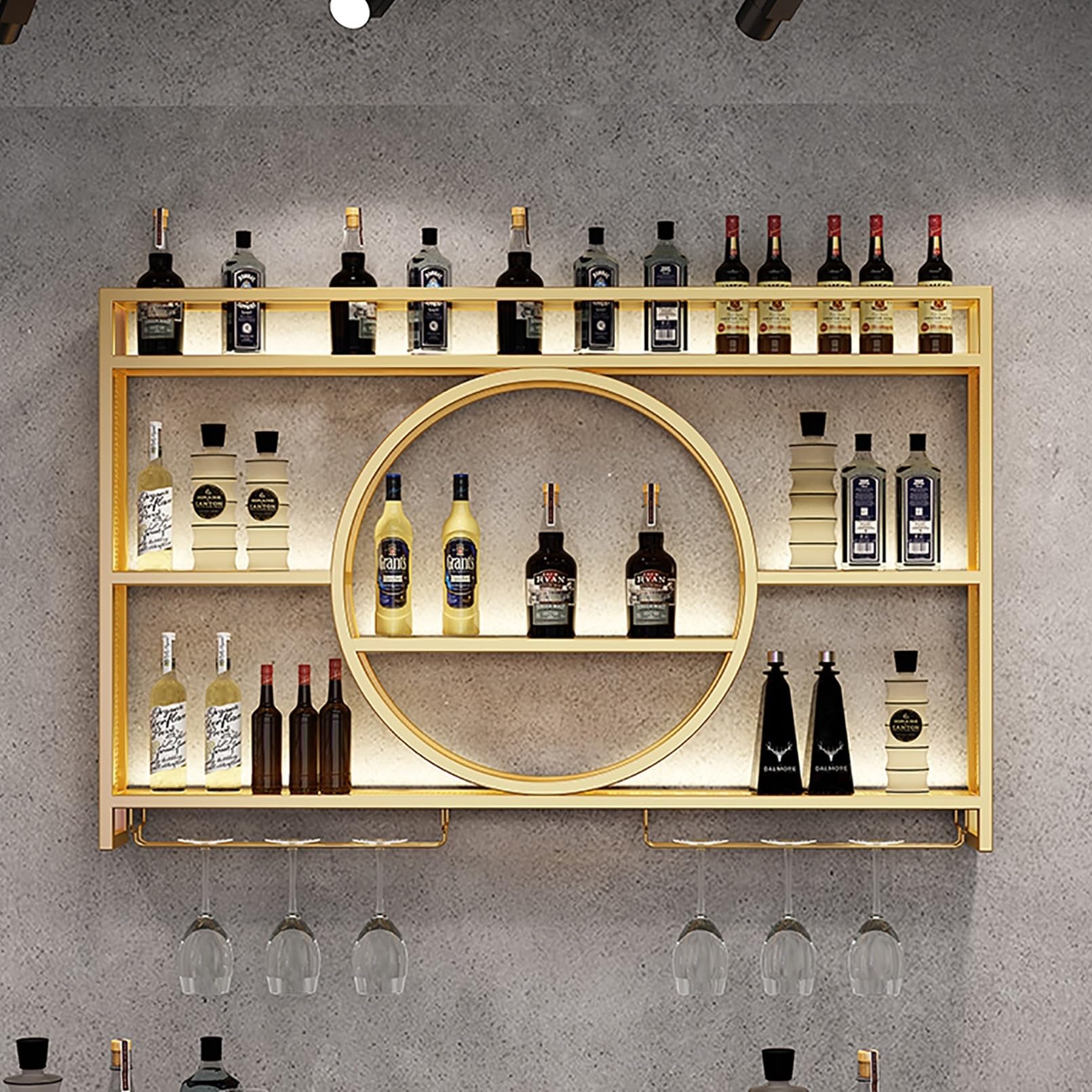 Porte-Bouteilles Industriels Avec Porte-Verre Mural, Casier À Vin En Métal, Étagères Polyvalentes Pour Bar, Cuisine - Couleur : Or