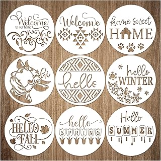 9 Pcs Welcome Stencils for Painting on Wood Reusable Round Home Sweet Home Stencil Large Hello Fall Templates for Door Hanger Canvas DIY Crafts (9 Welcome)
