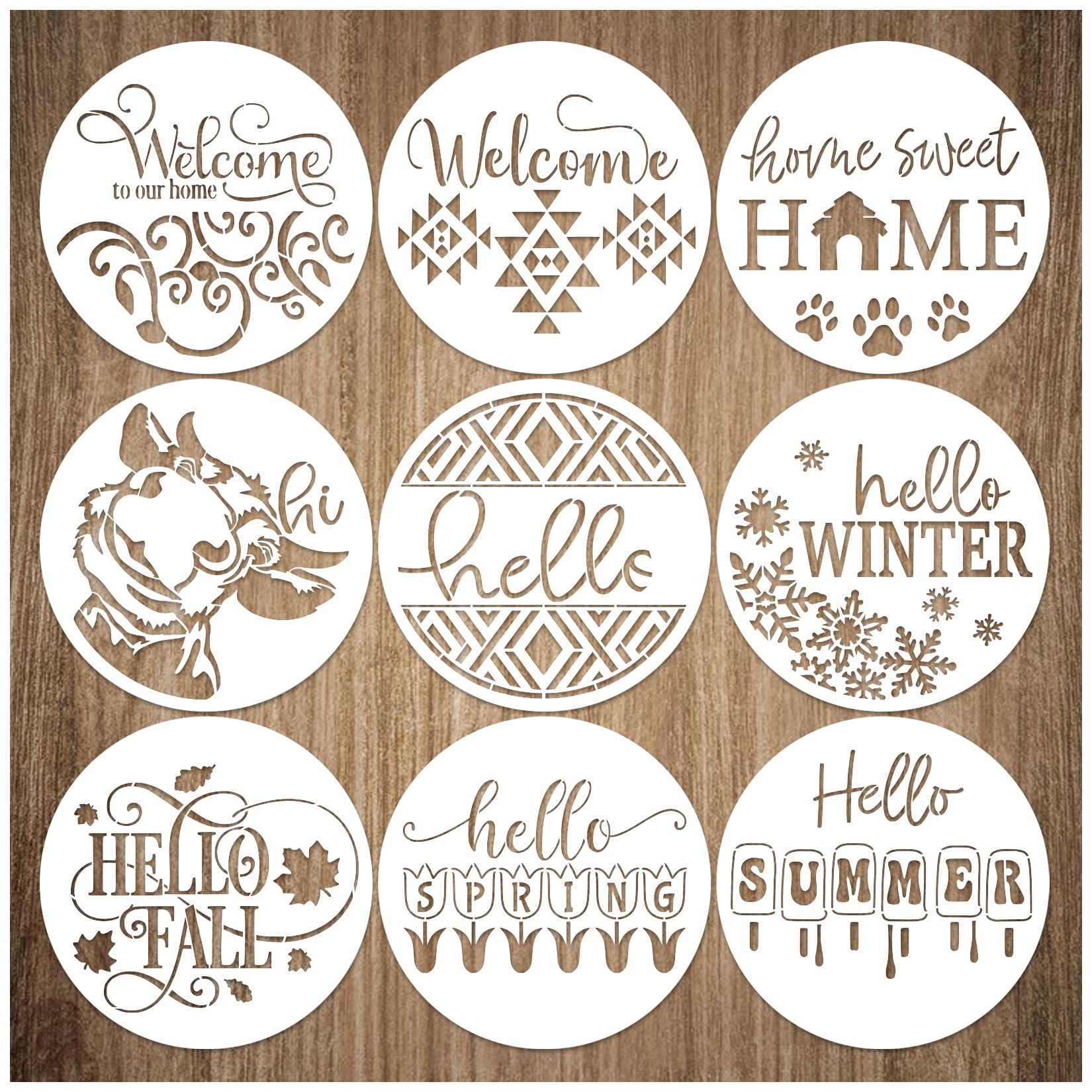 9 Pcs Welcome Stencils for Painting on Wood Reusable Round Home Sweet Home Stencil Large Hello Fall Templates for Door Hanger Canvas DIY Crafts (9
