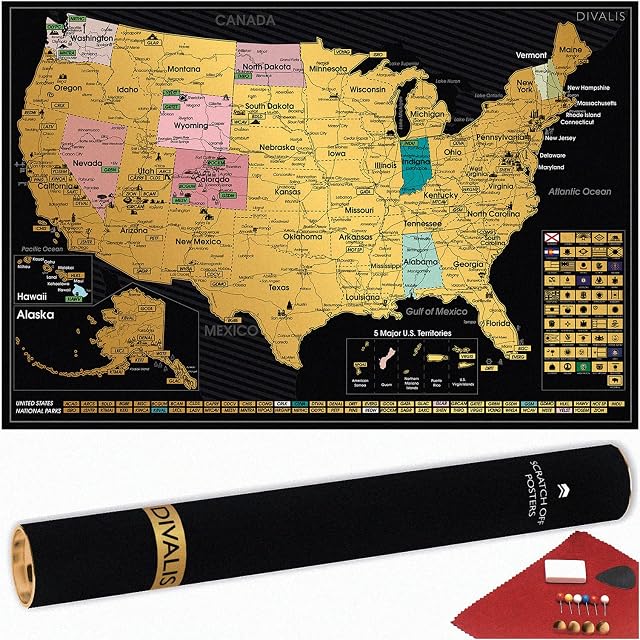 Detailed Scratch off USA Map with Scratcher - 24x16 Easy to Frame 62 National Parks Scratch Off Travel Poster of the United States of America - Large Scratchable US Map with Landmarks and States Flags