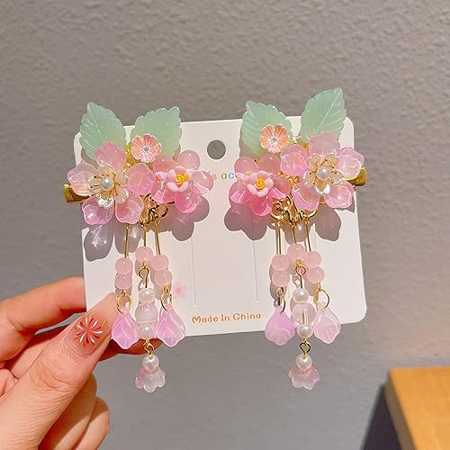 2Pcs Vintage Pink Flower Hair Clips,Sakura Decorative Hair Clips Tassel