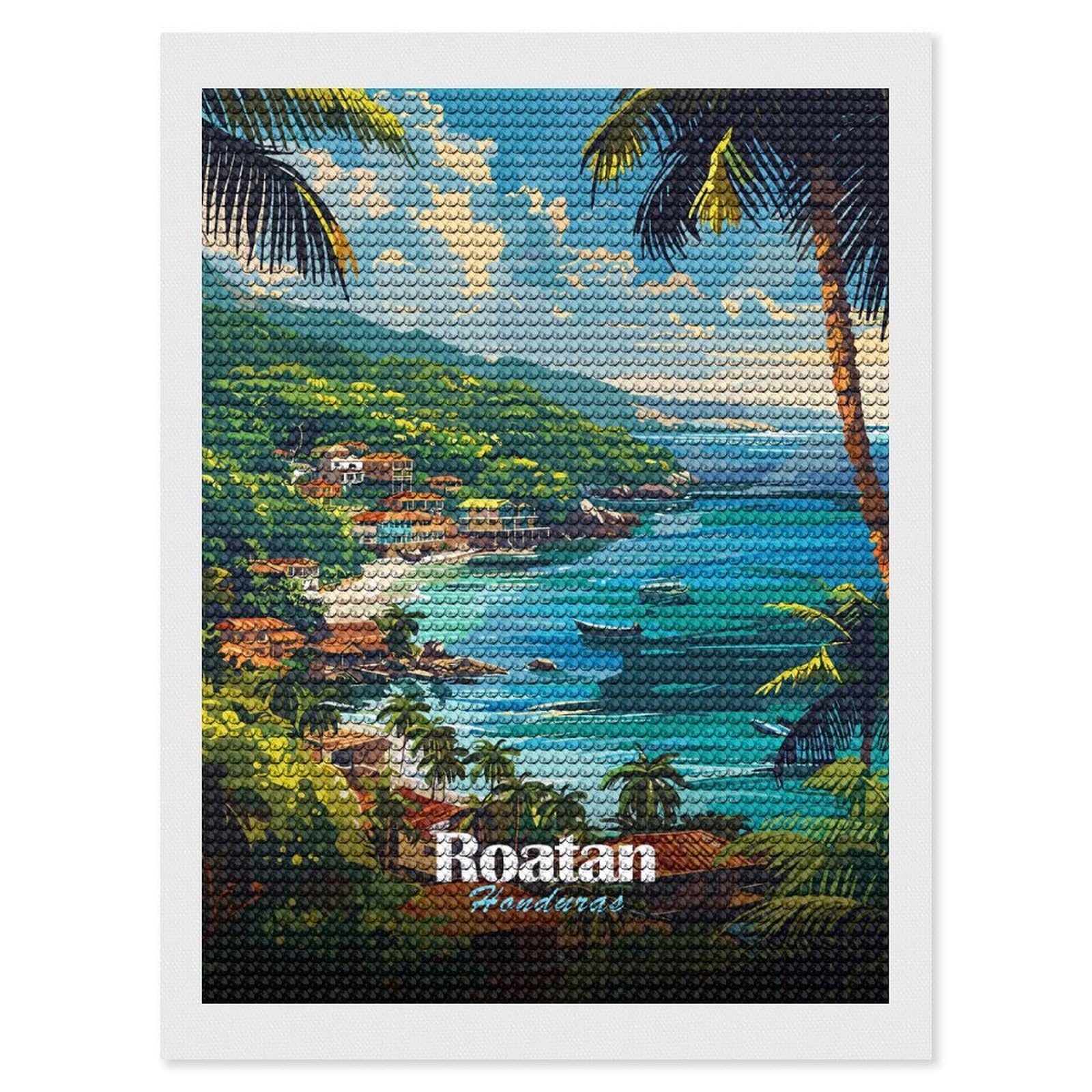 Junmoney Roatan Honduras Tropical Coastline Art Round Drill Diamond Painting 12"x16", Handmade Wall Decor, Modern Decor, Aesthetic Room Decor, Easy Craft Set