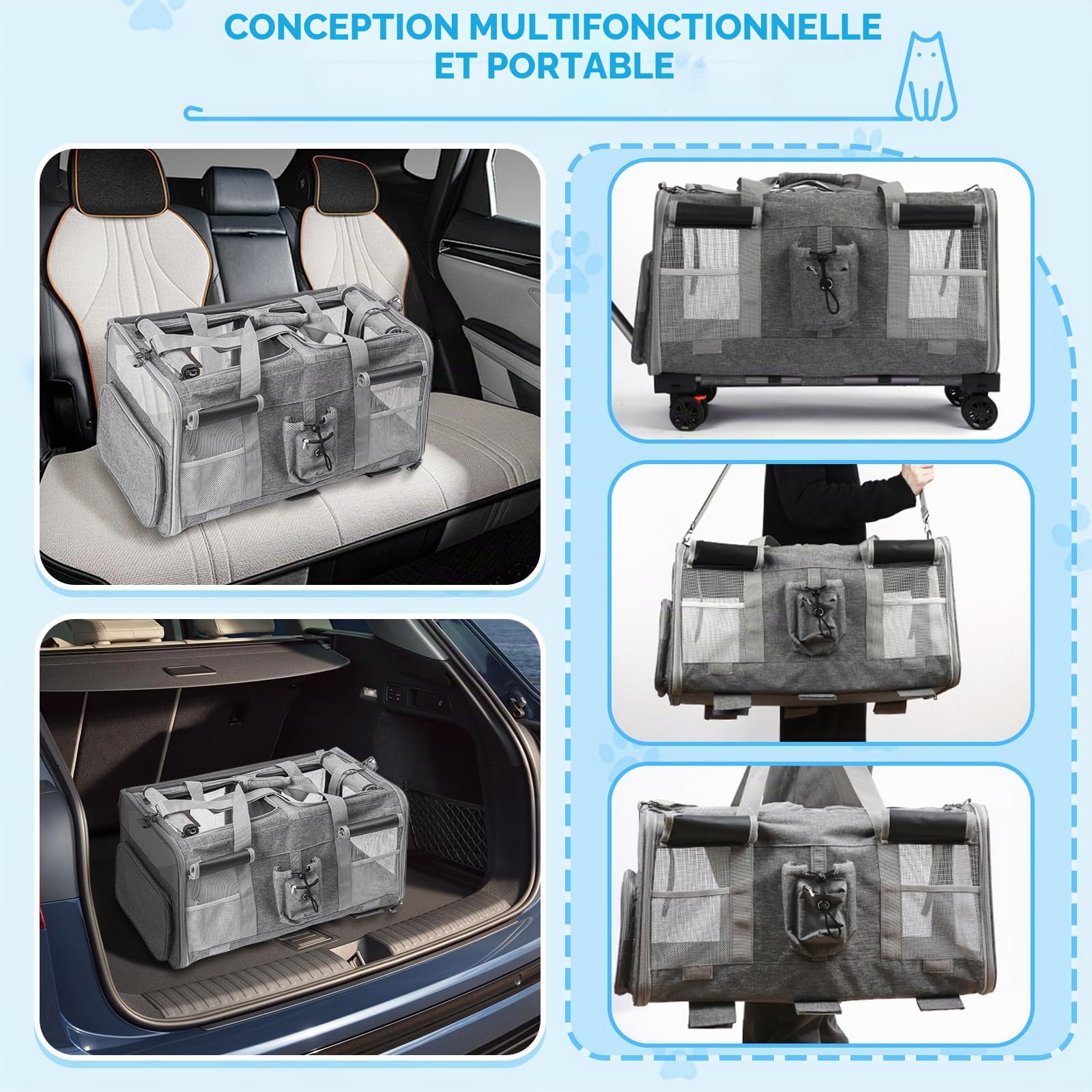 Sac à roulettes pour Chat Chien Pliable Transporteur Roulant, Sac de Transport Chats Poignée Télescopique Bandoulière pour 2 Chats et Petits Chiens jusqu'à 20 kg, Design ventilé