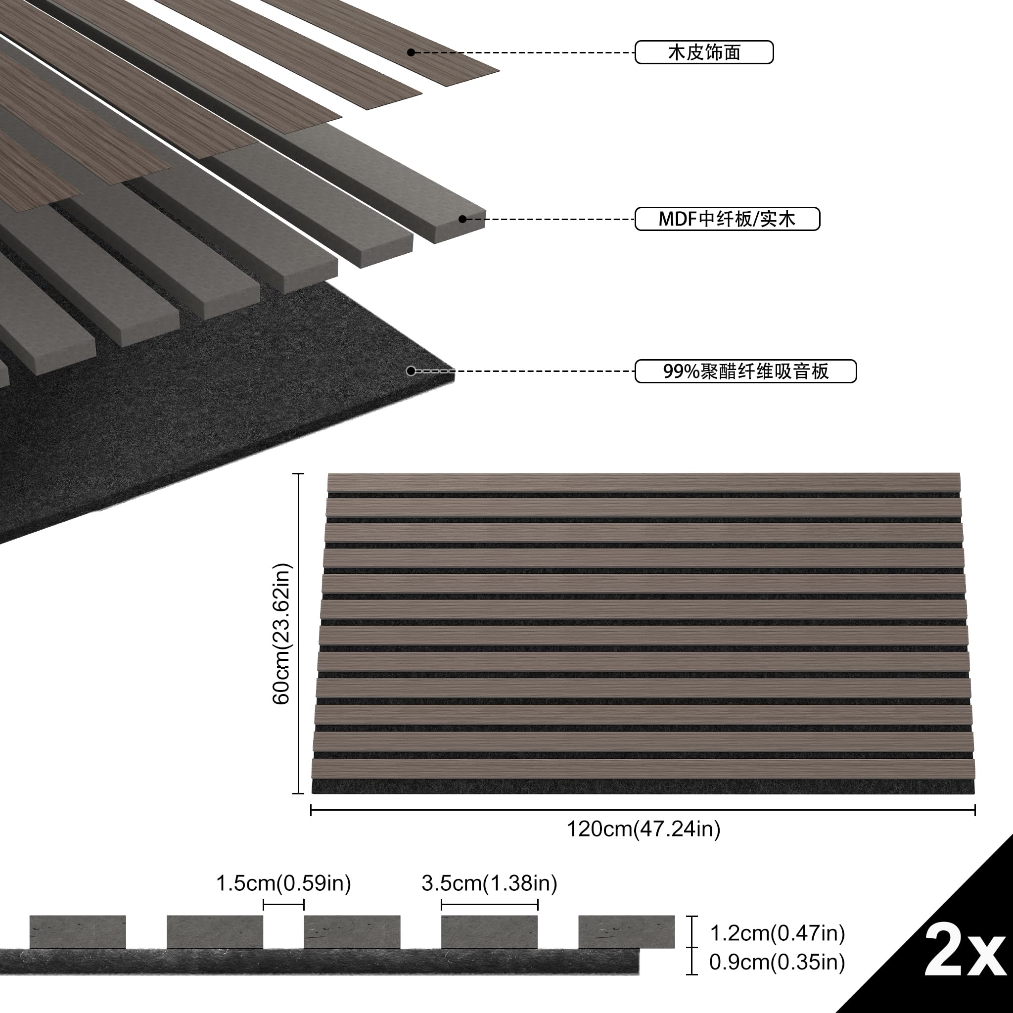 120 x 60 cm, drewniane panele akustyczne, zestaw 2 sztuk, panele ścienne z fornirem z prawdziwego drewna, ściana lamelowa do okładzin ściennych i wygłuszenia, izolacja akustyczna do salonu
