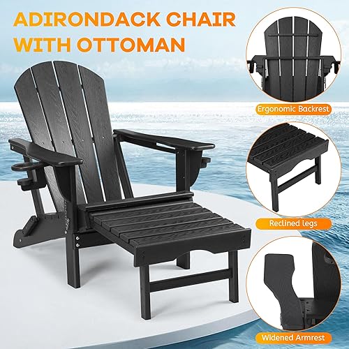 Miniatura 5 de Rengue Silla Adirondack plegable con otomana retráctil, silla de patio con soporte para tazas, silla de hoguera con textura de madera, resistente a