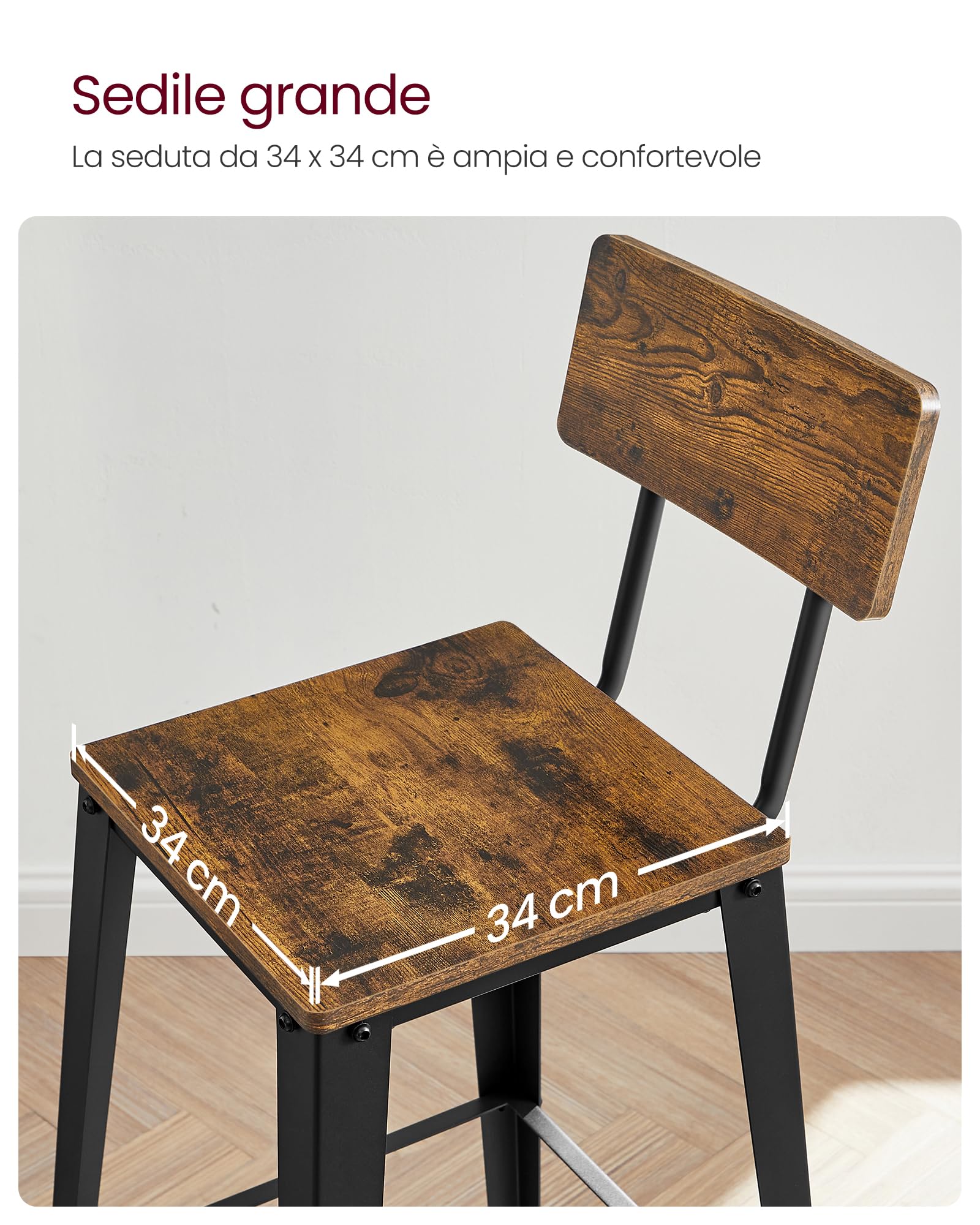 VASAGLE Sgabelli da Bar, Set da 2, Sgabelli Cucina, con Schienale, Struttura in Acciaio, Facile da Montare, Sgabelli Alti, Stile Industriale, Marrone Vintage e Nero LBC078B01