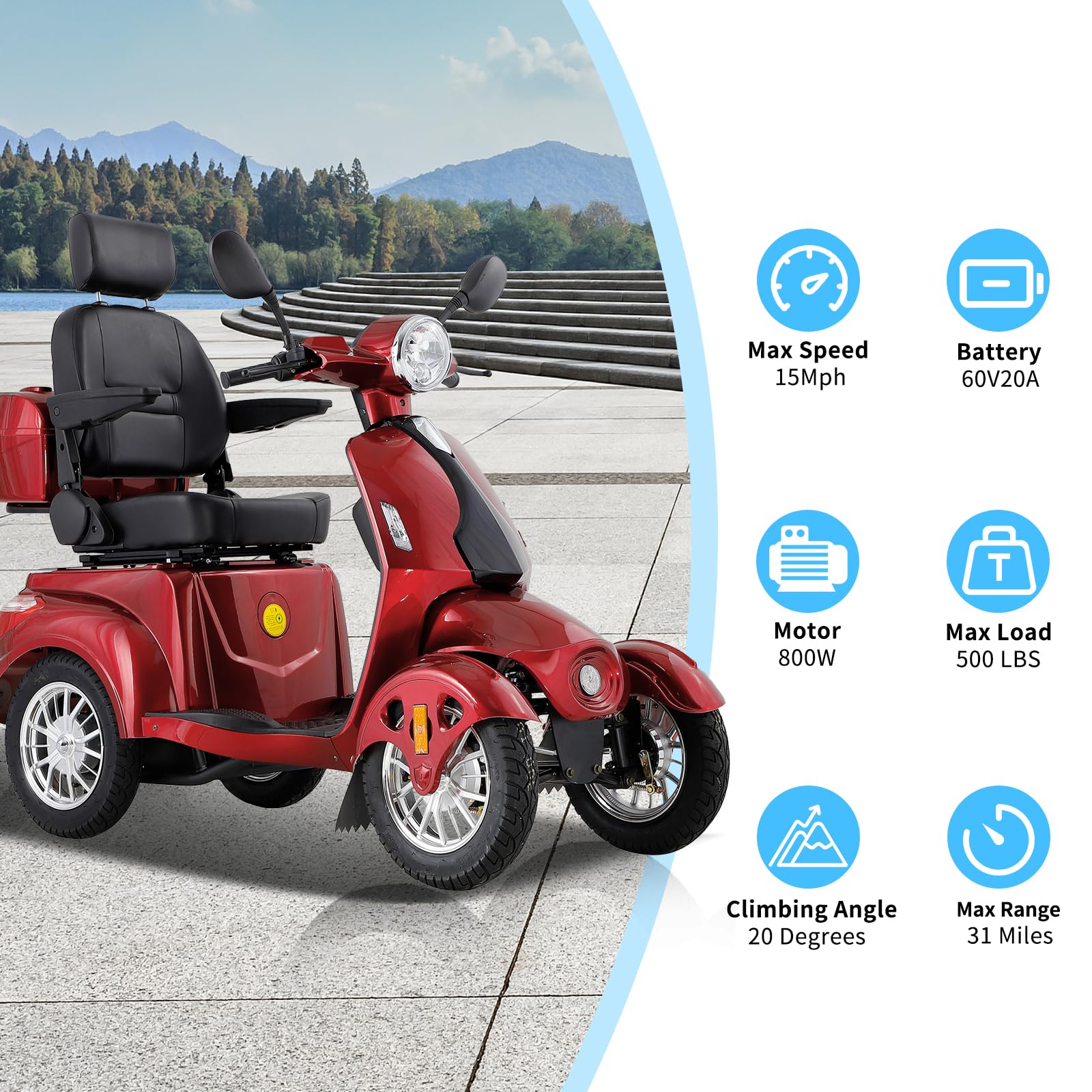 Dvsripa Mobility Scooters for Seniors,Heavy-Duty 4 Wheel Mobility Scooters for Travel,500LBS Capacity 800W All Terrain Handicap Scooters for Adults (Red-AFD)