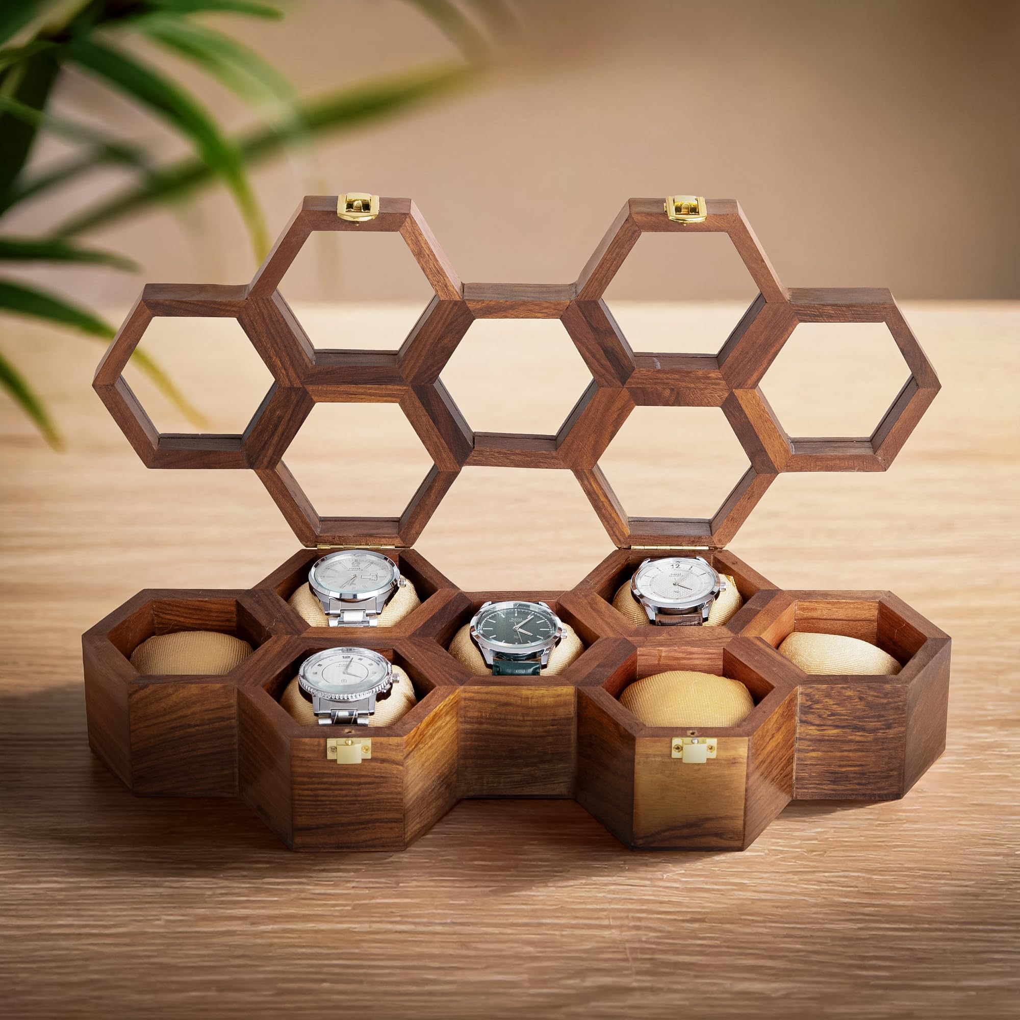 Caja organizadora de relojes para hombre, expositor de palisandro oscuro con tapa de cristal, elegante almacenamiento de relojes de viaje, regalo para él (7 ranuras)