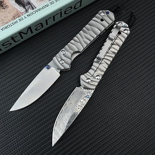 Miniatura 3 de Cuchillo de bolsillo plegable ECD de 6.7 pulgadas, cuchillo plegable de acero de damasco, bloqueo de marco, asas de titanio TC4 con clip de