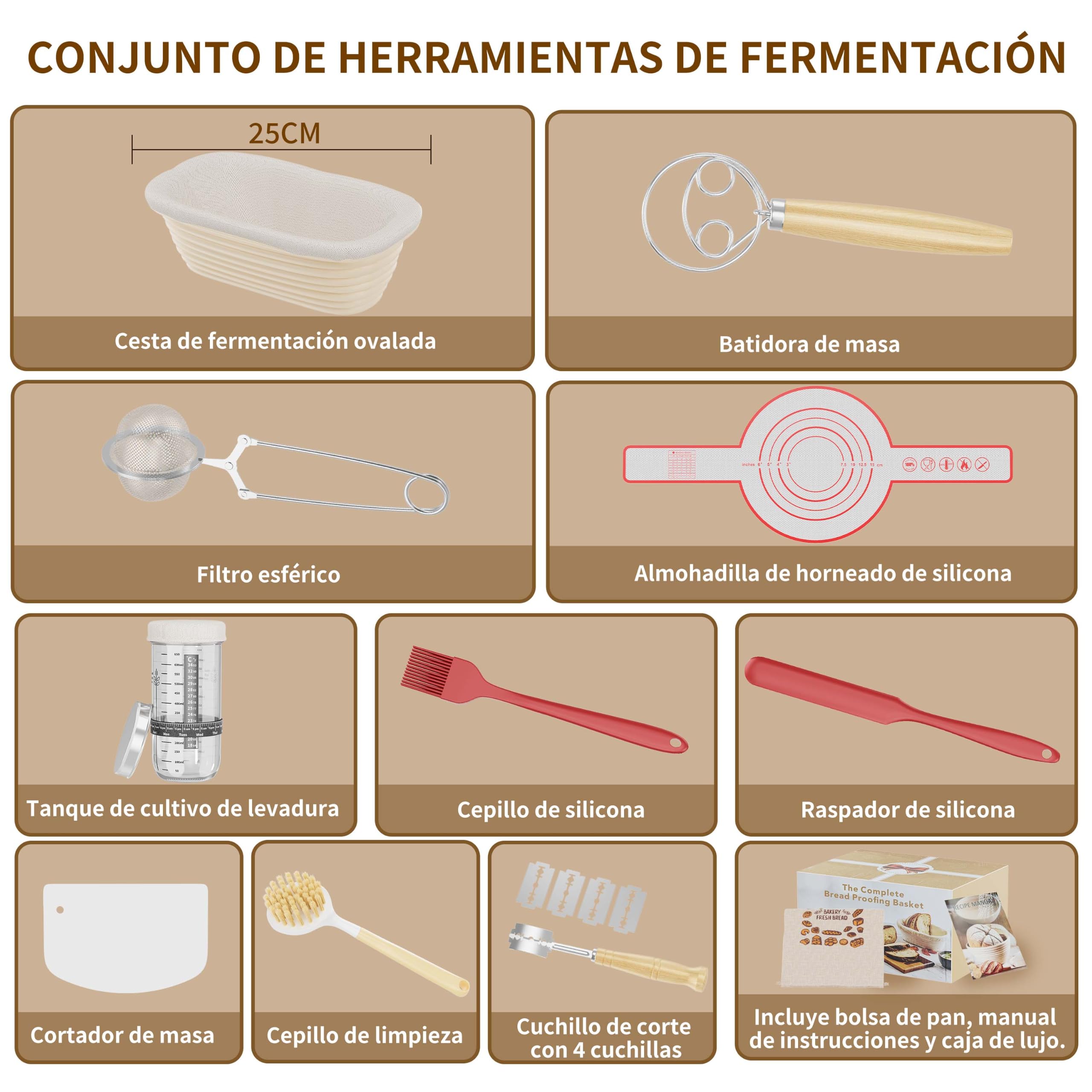 Kit Completo de Inicio de Masa Madre 11 Piezas, Cesta Oval de Ratán Artesanal, Tarro y Accesorios para Hacer Pan